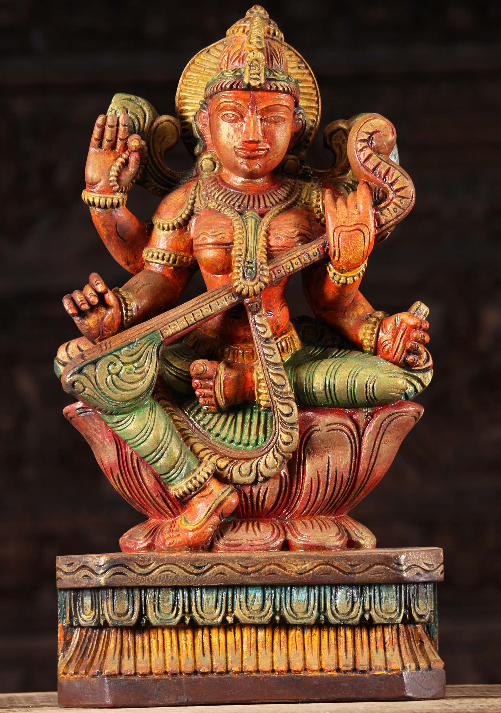 Wood Saraswati Statue Playing the Veena 18"