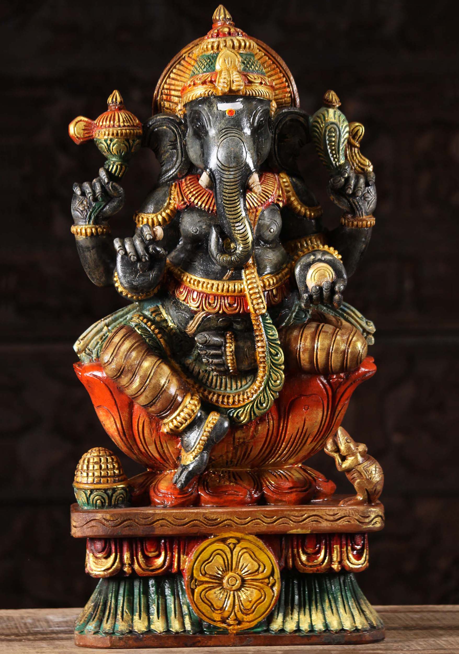 Wood Ganesh Carving with Saivite Tilak 24"