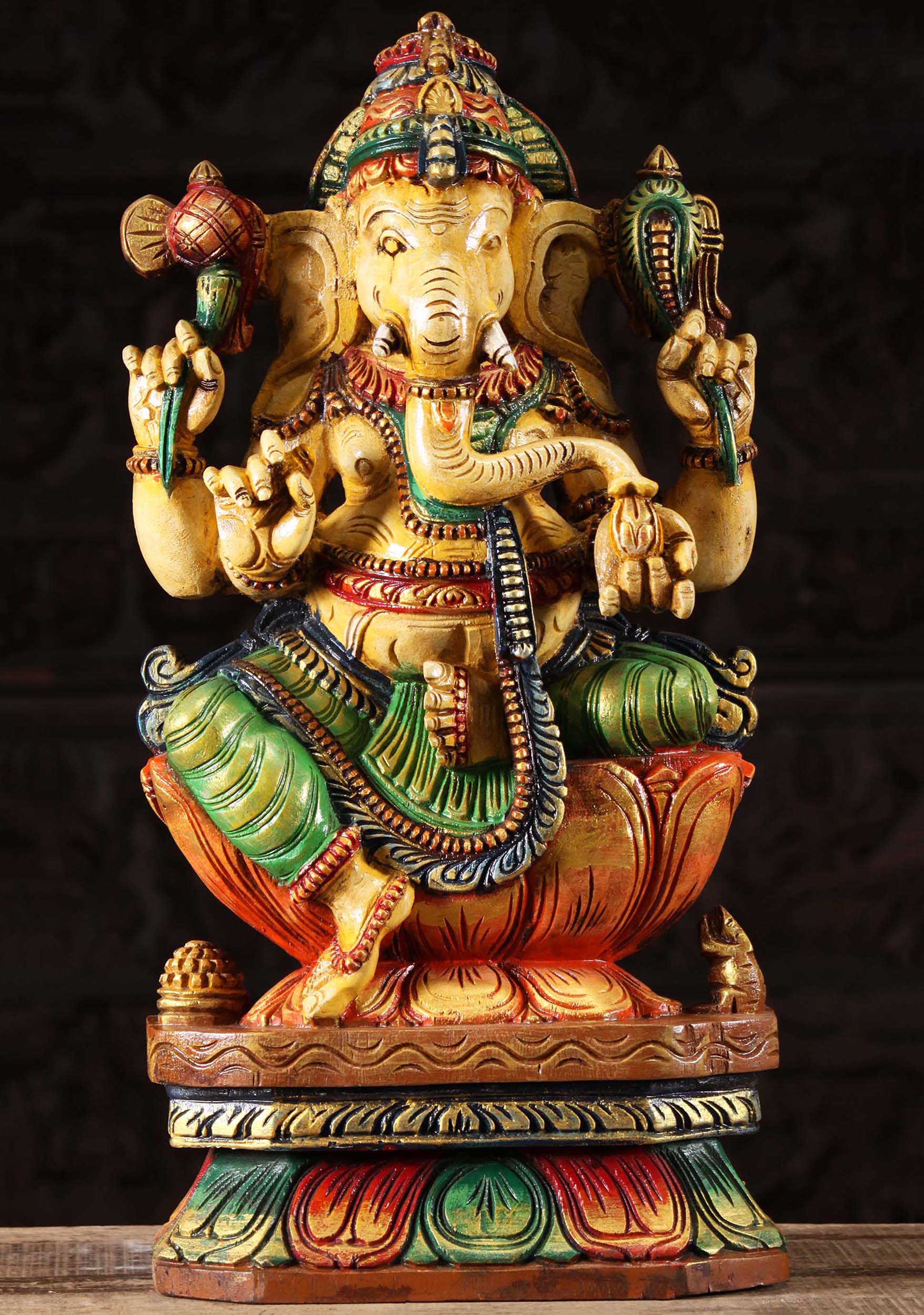 Wood Ganesh Statue with Left Facing Trunk 24"