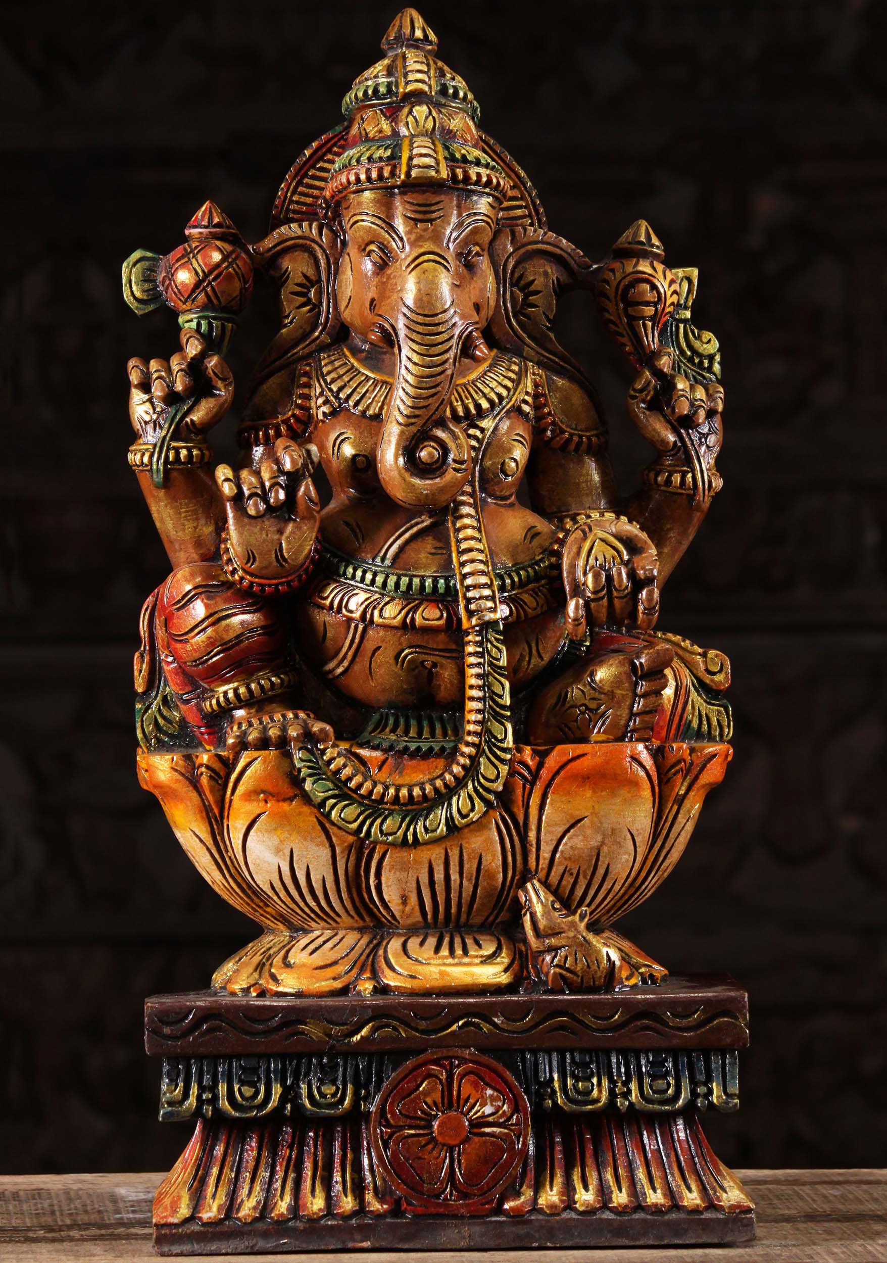 Wood Seated Ganesh Sculpture on Lotus Base 24"