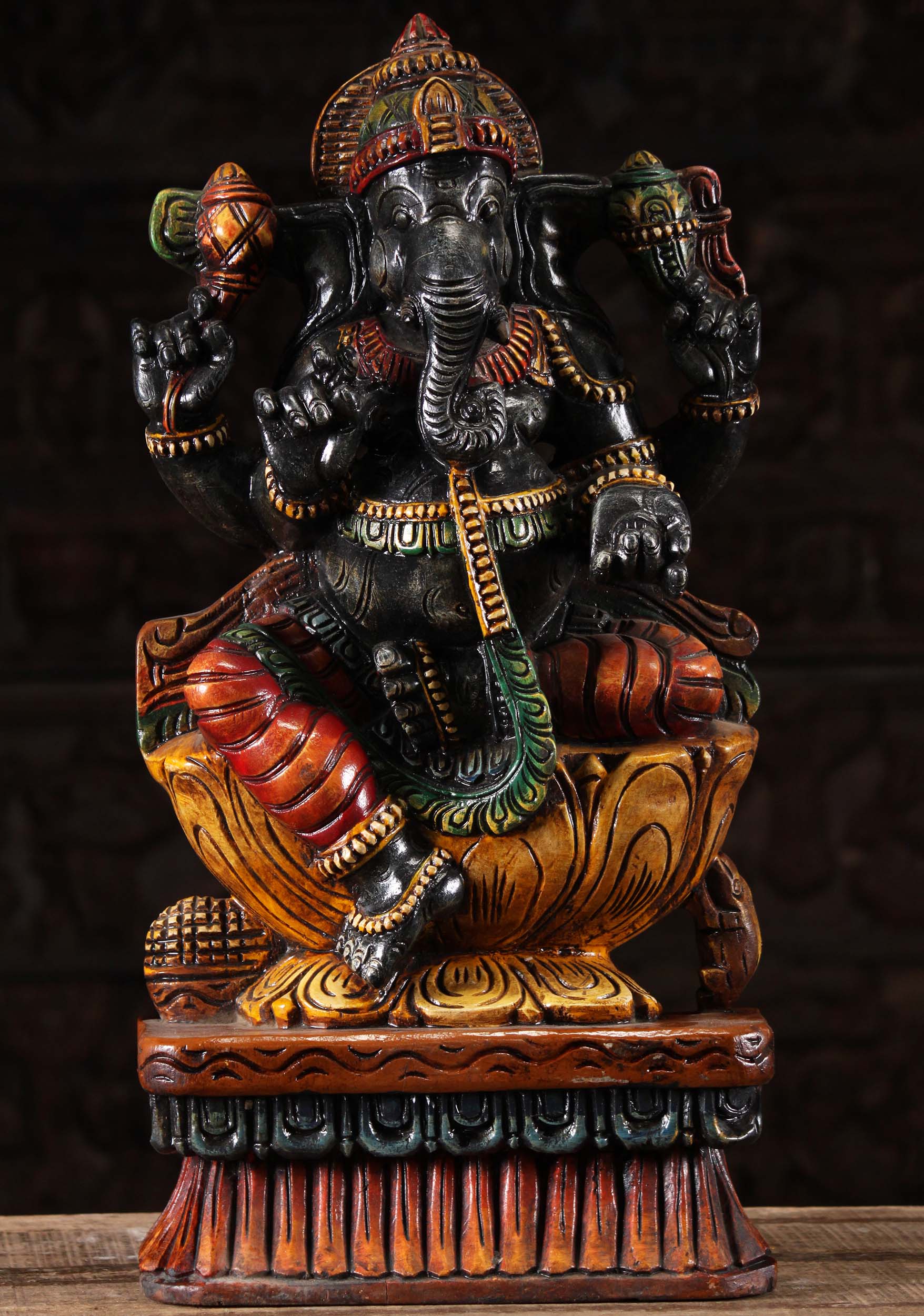 Wood Ganesh Statue with Rat Mooshika 24"