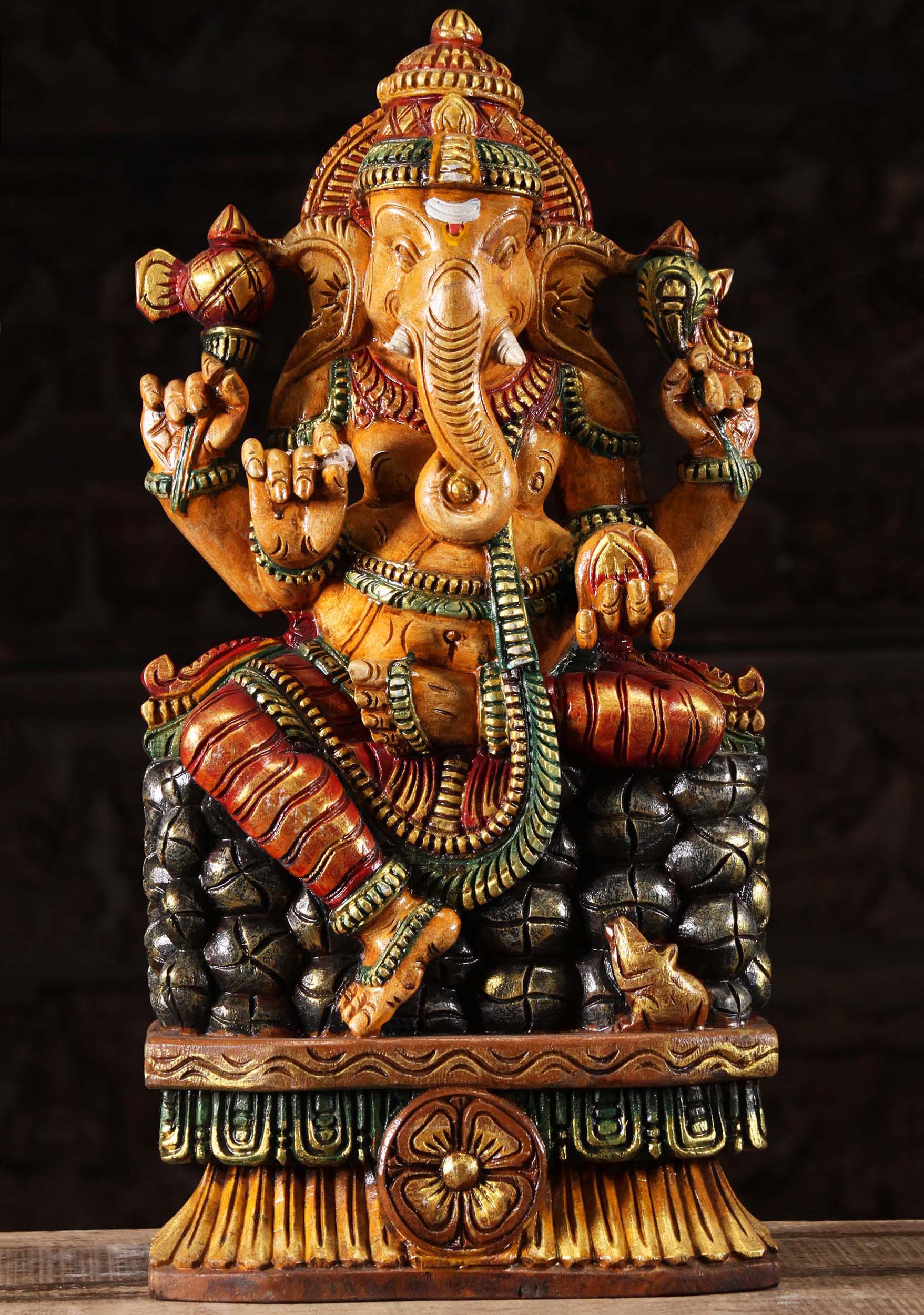 Wooden Ganesha Seated on Mountain 24"