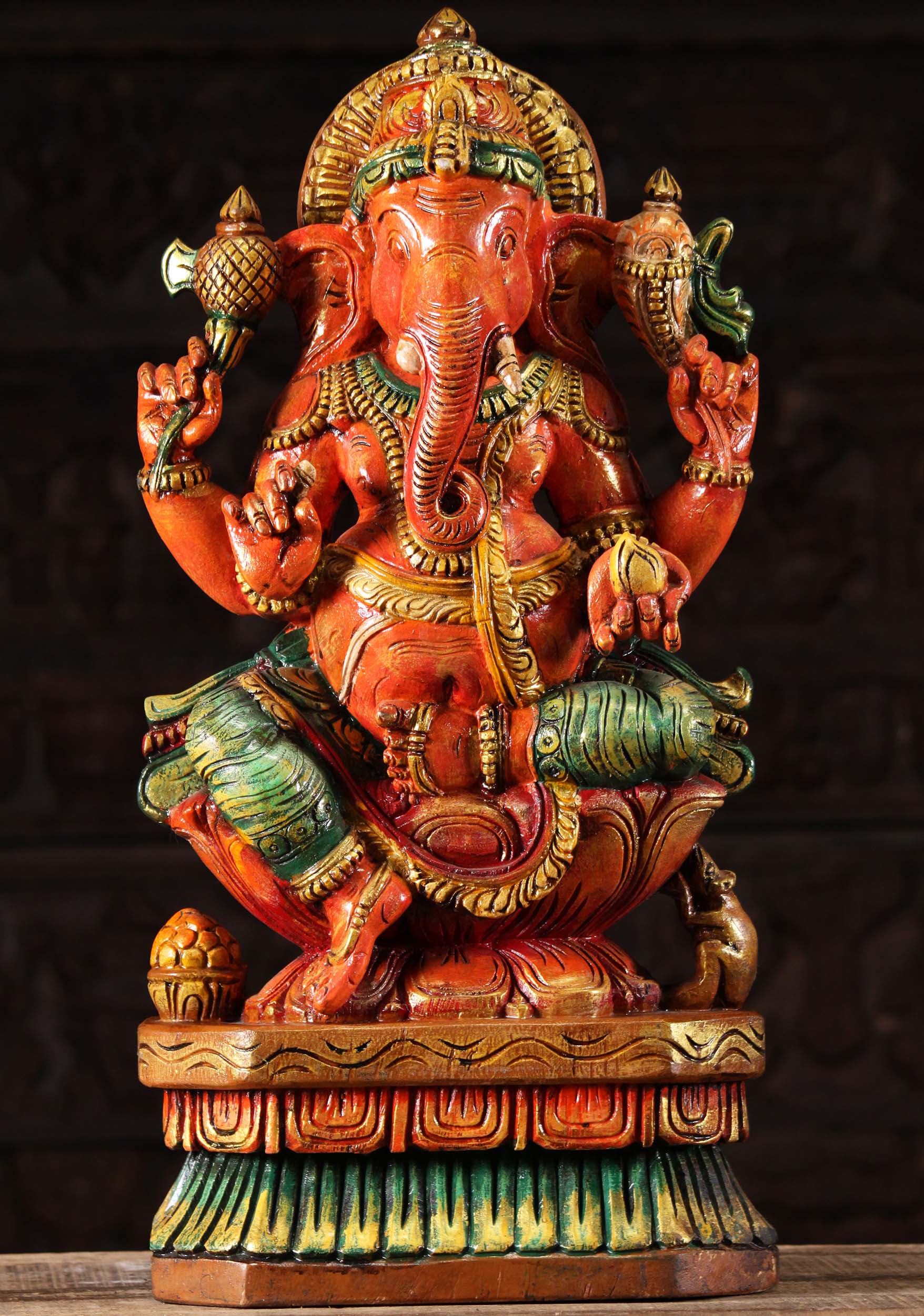 Wood Ganesha Statue with Rat, Mooshika 24"