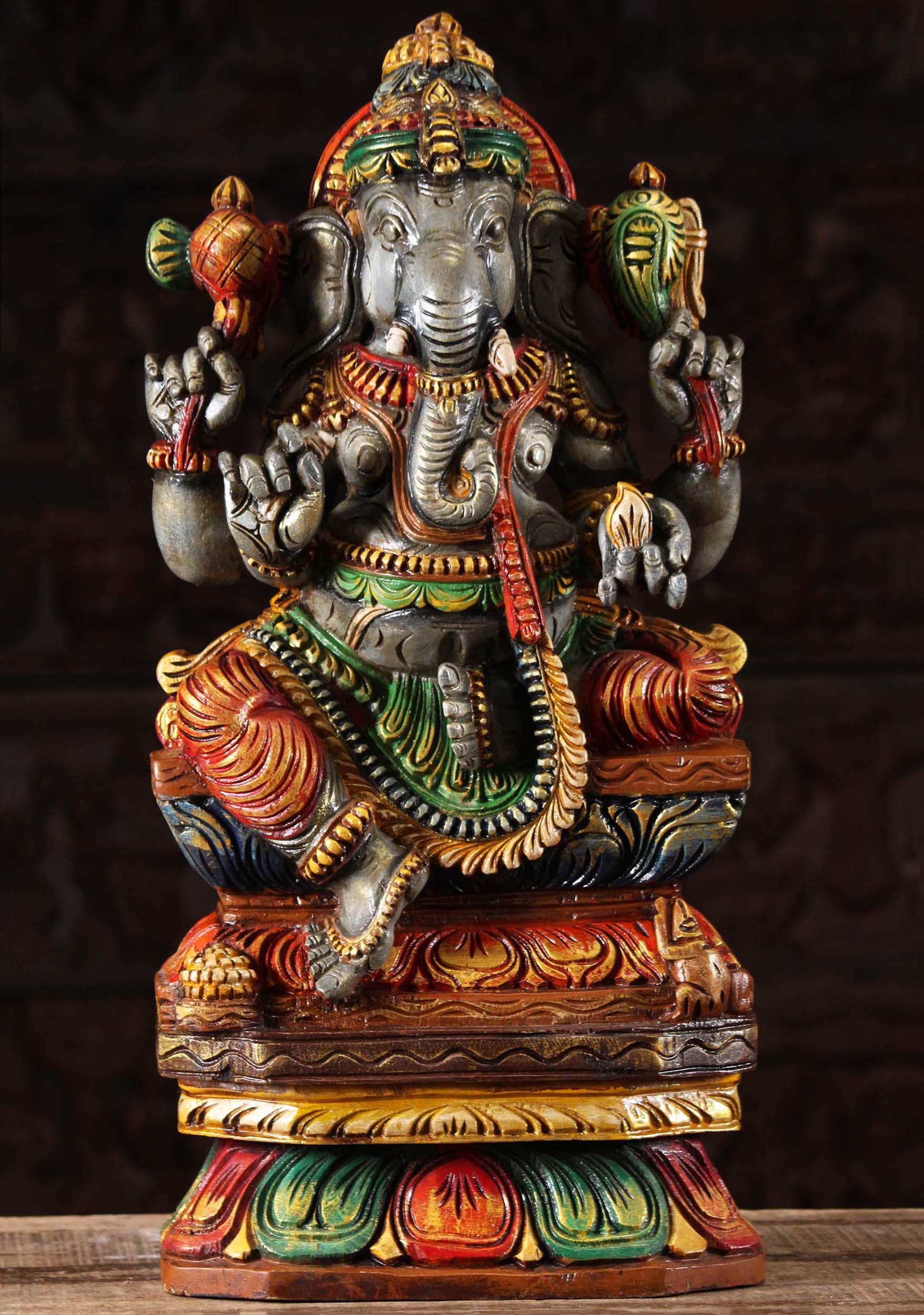 Wood Seated Ganesha Holding Elephant Goad 24"