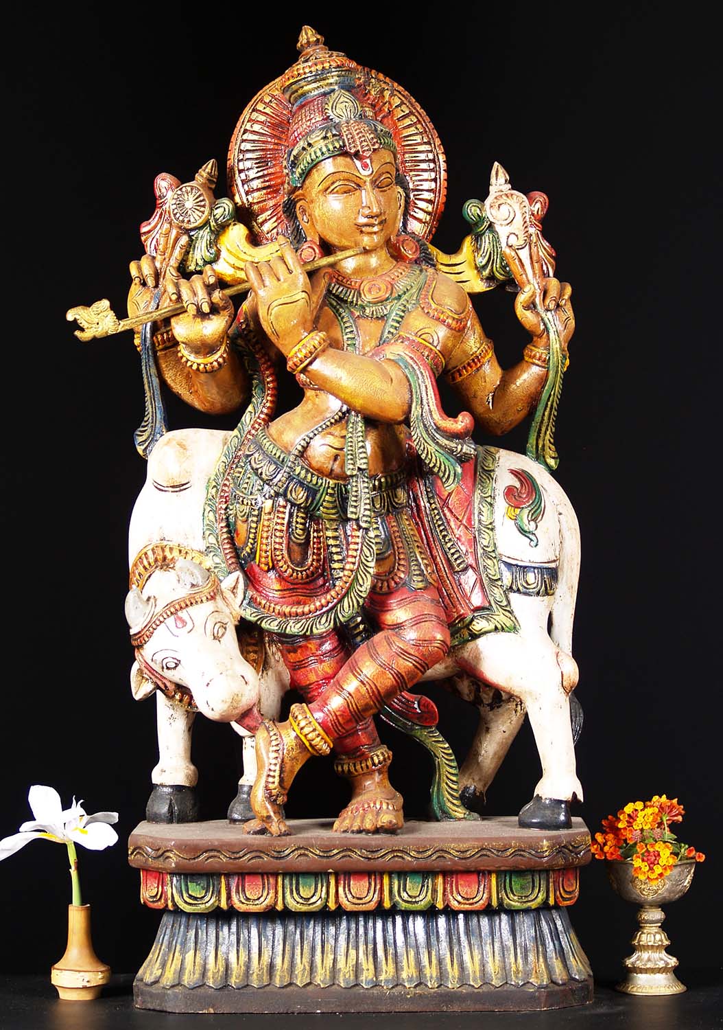 Wooden Painted Venugopal Statue with Cow 31"