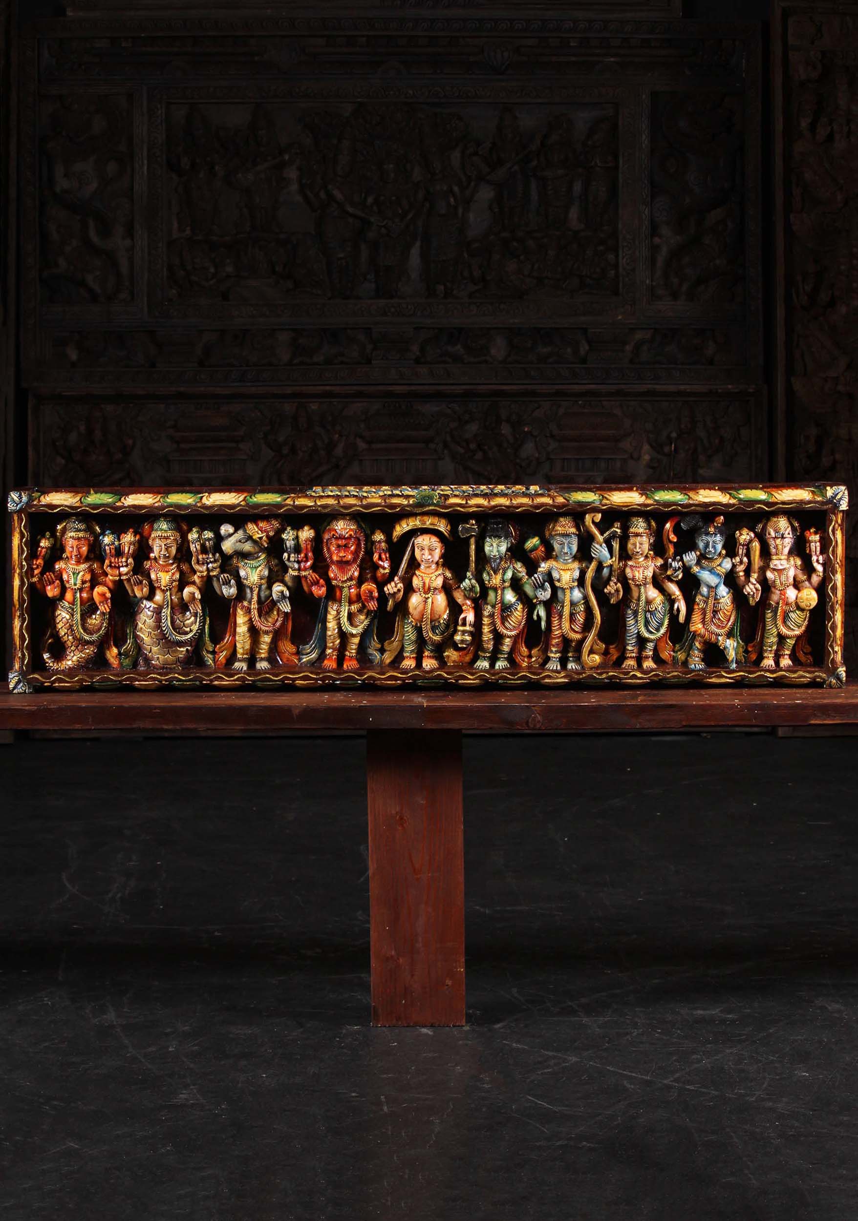 Hindu Wood Wall Panel of Vishnu's 10 Avatars 48"