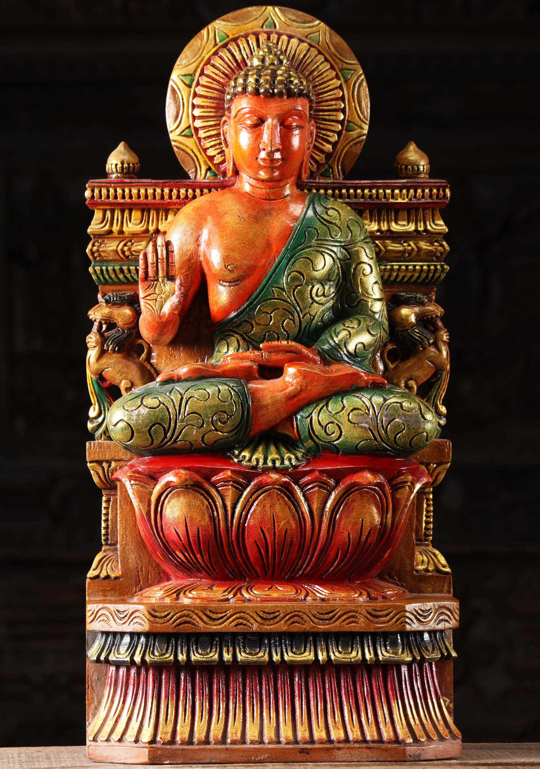 Painted Wood Abhaya Mudra Buddha Statue 24"