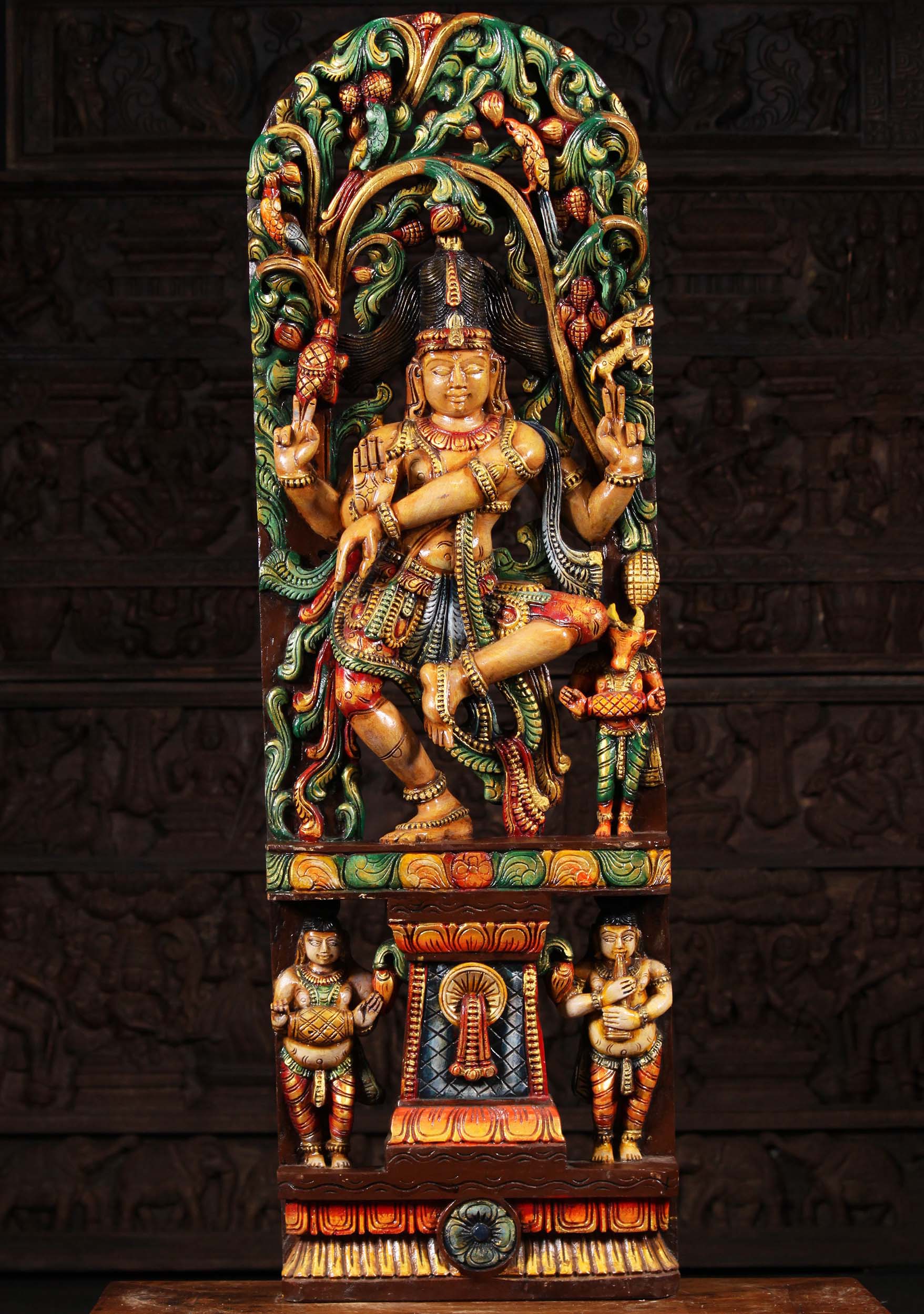 Wood Carving of Shiva Dancing Beneath a Lush Forest Canopy with 3 Parrots & 2 Gana on Base 48"