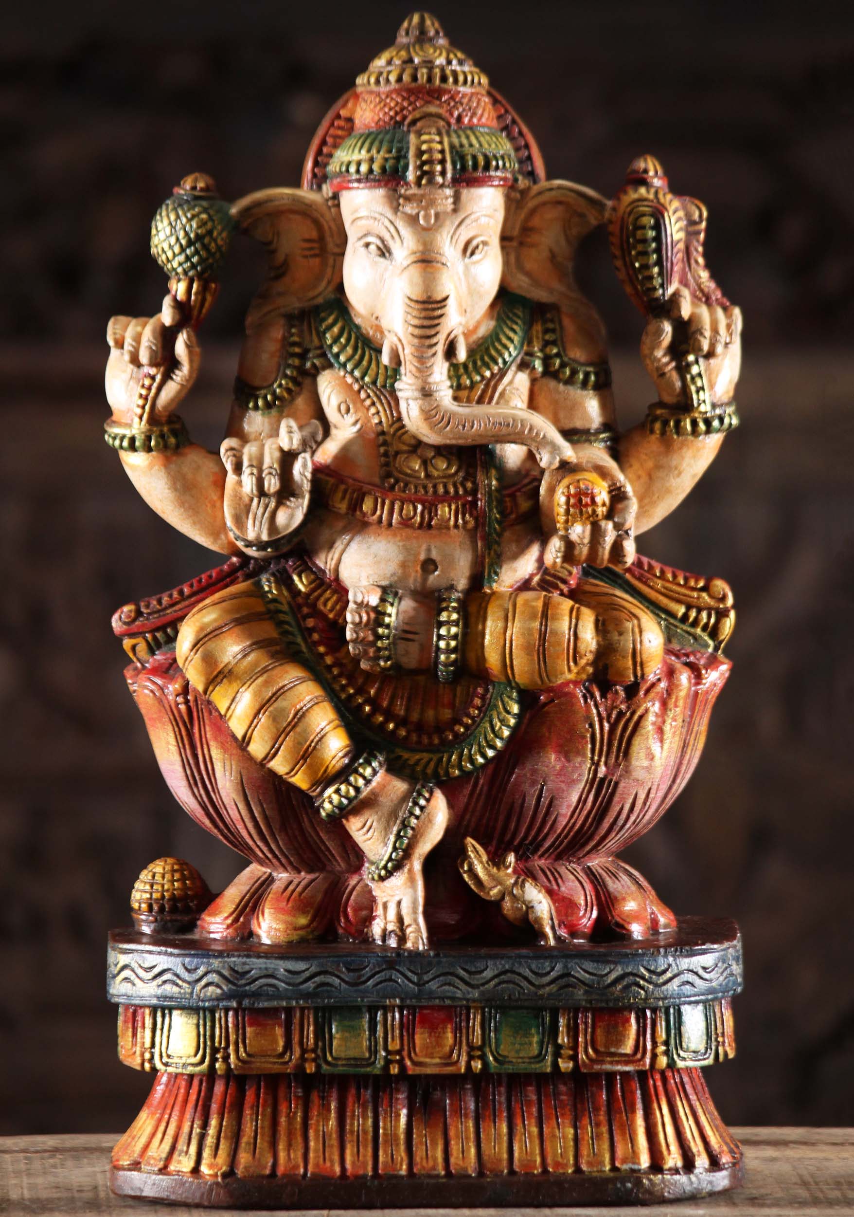 Wood Painted Ganapathi Sculpture 18"