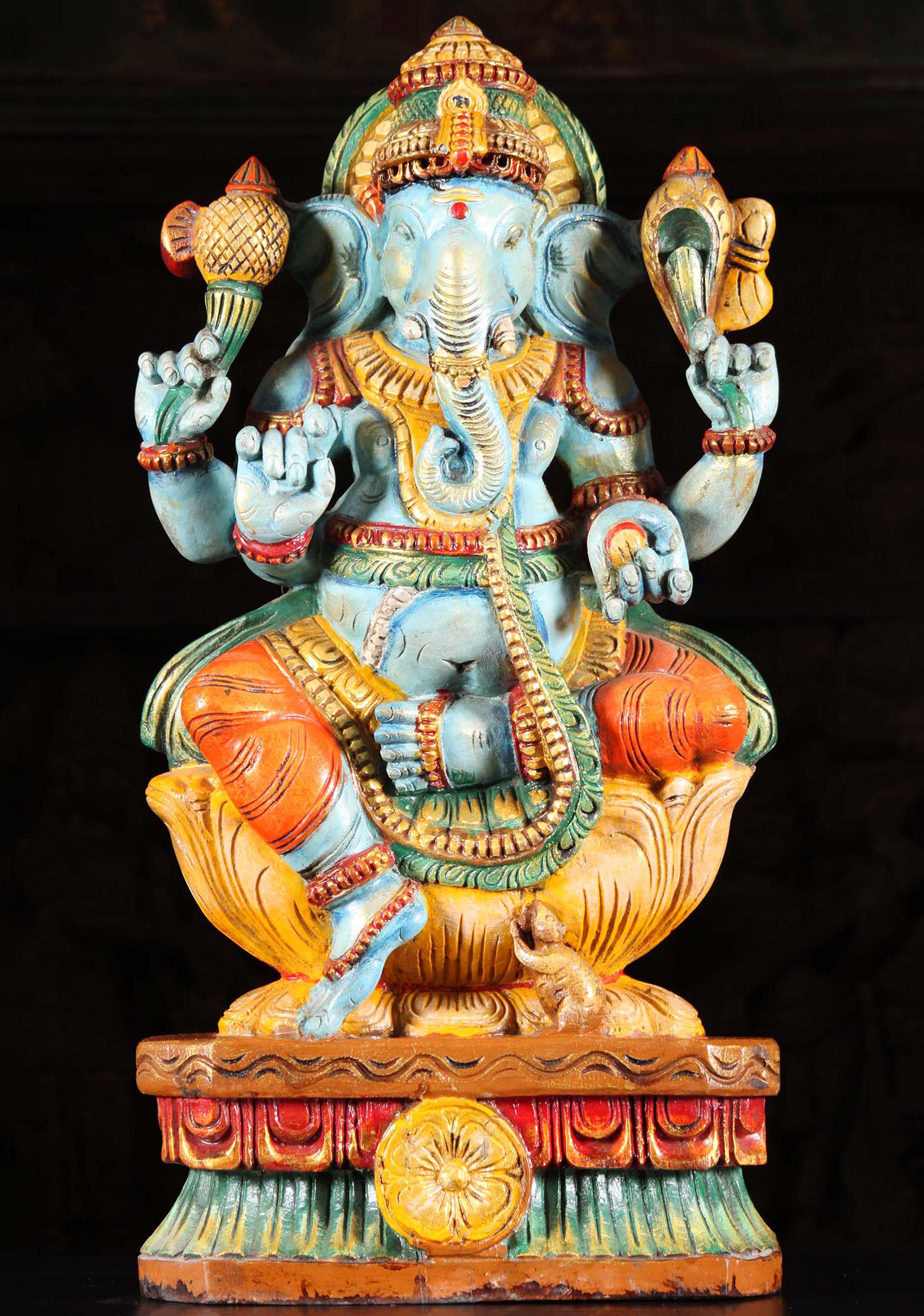 Wood Blue Ganapathi Statue with Rat 24"