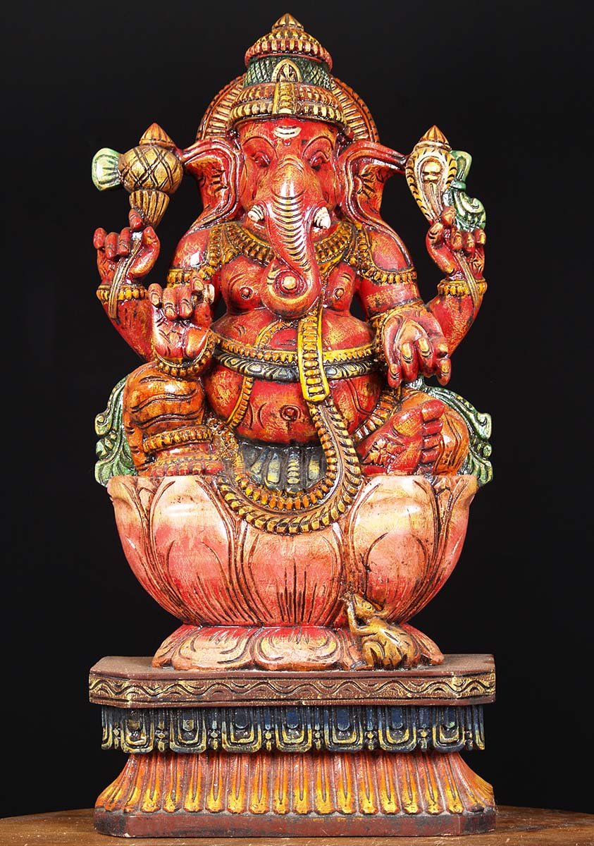 Wood Painted Ganapathi Statue 24"