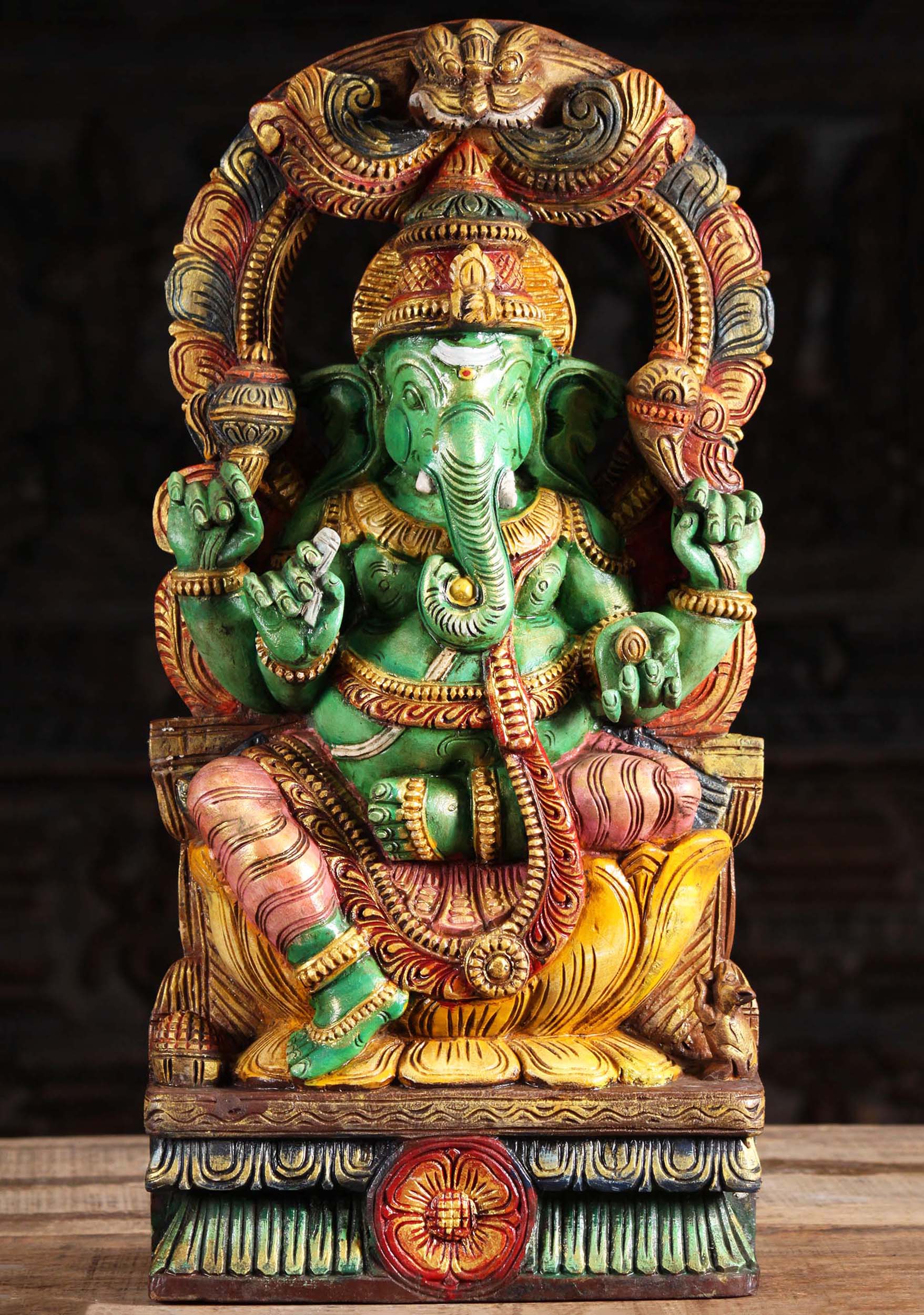 Painted Wood Green Ganesha with Arch 24"