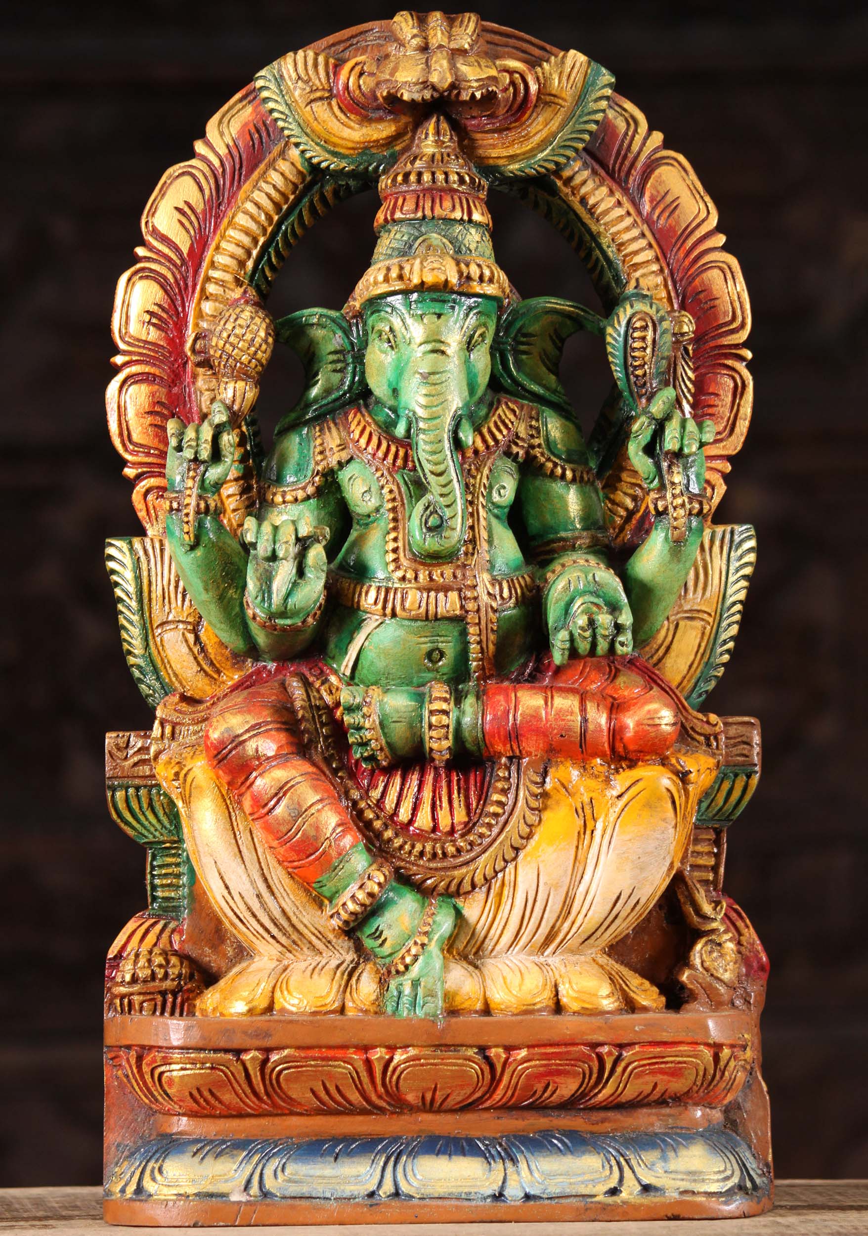 Wooden Green Ganesh with Mahakala Arch 18"