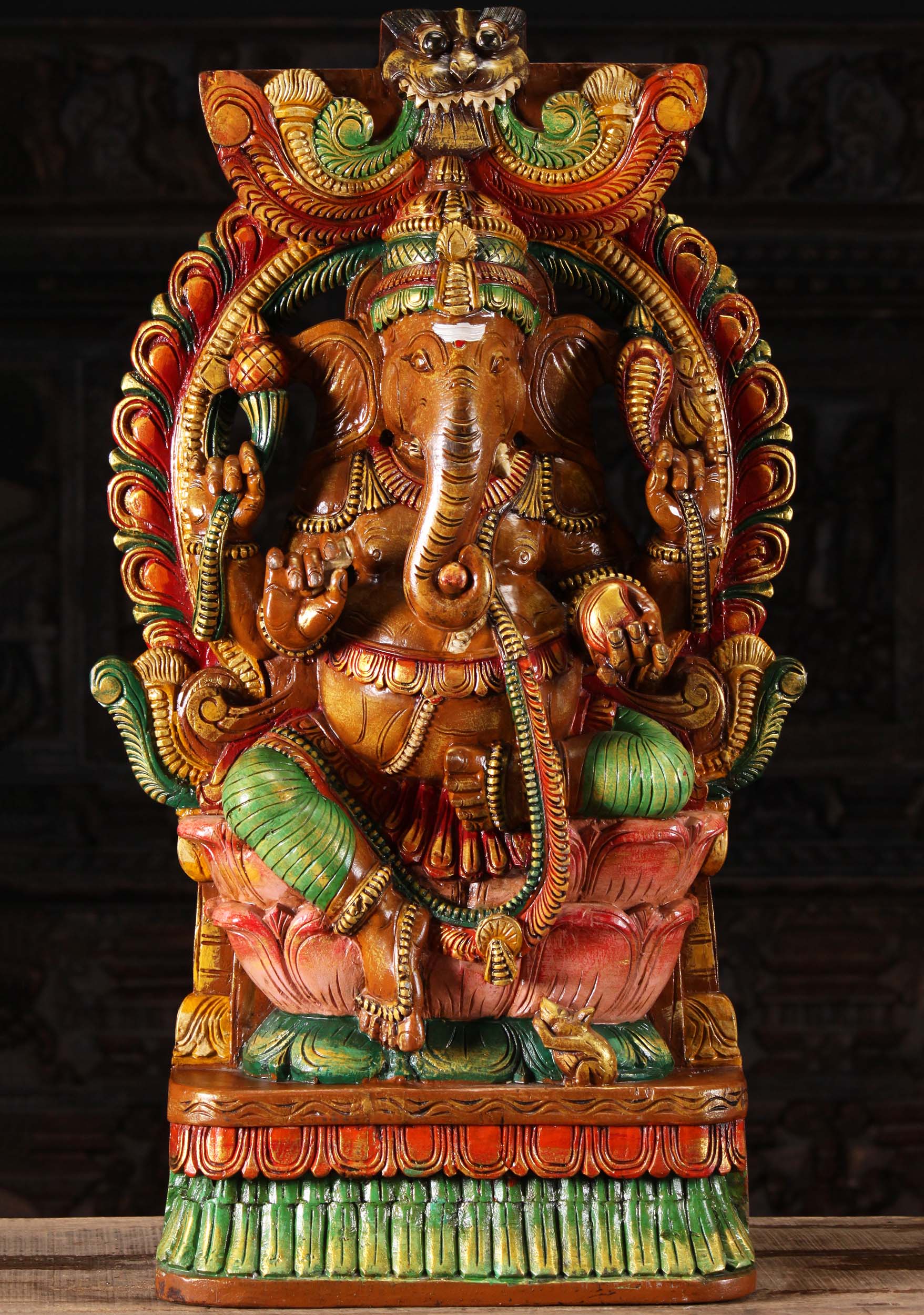 Wooden Ganesh Statue with Mahakala Arch 36"