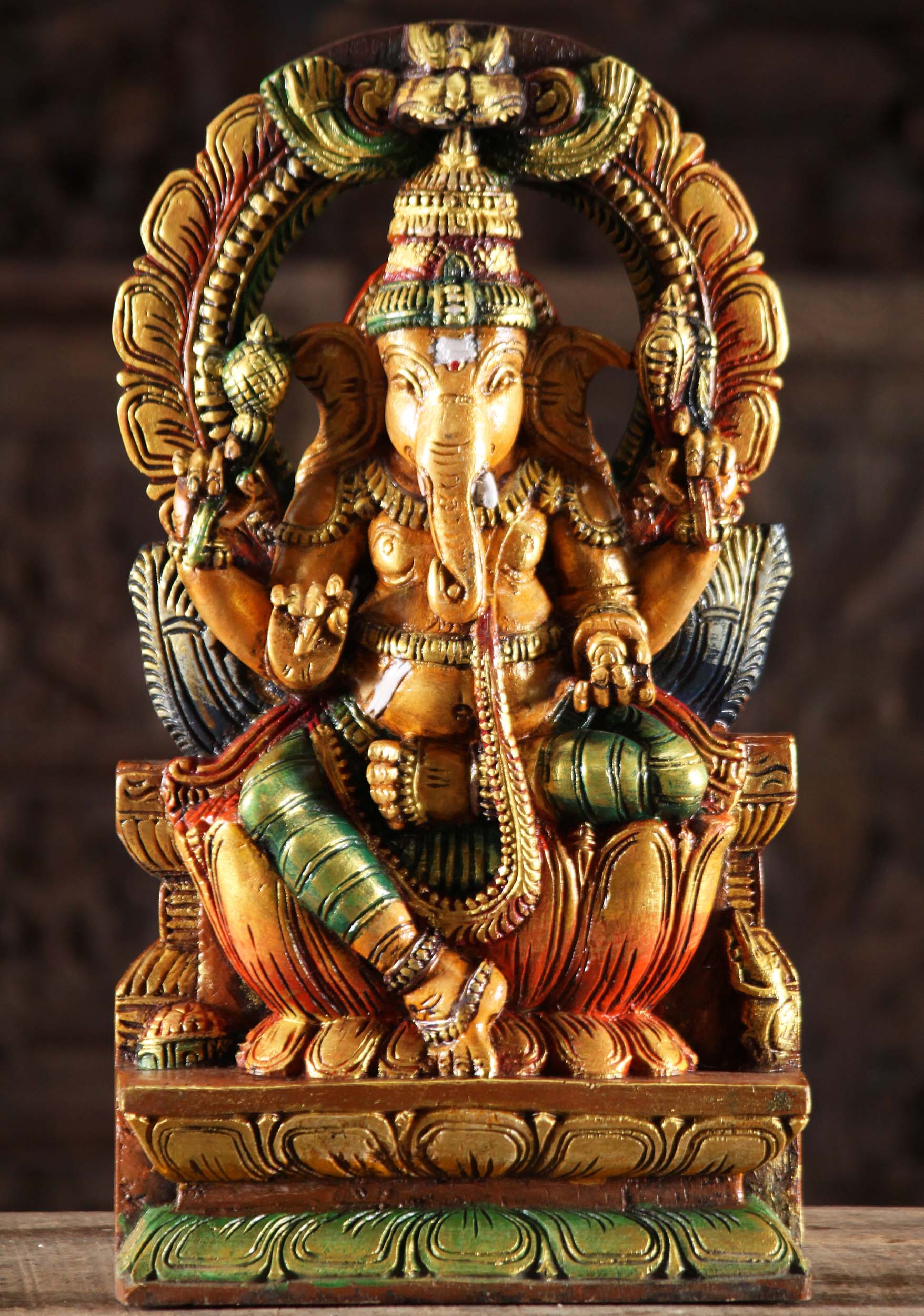 Wood Painted Ganesha Statue with Arch 18"