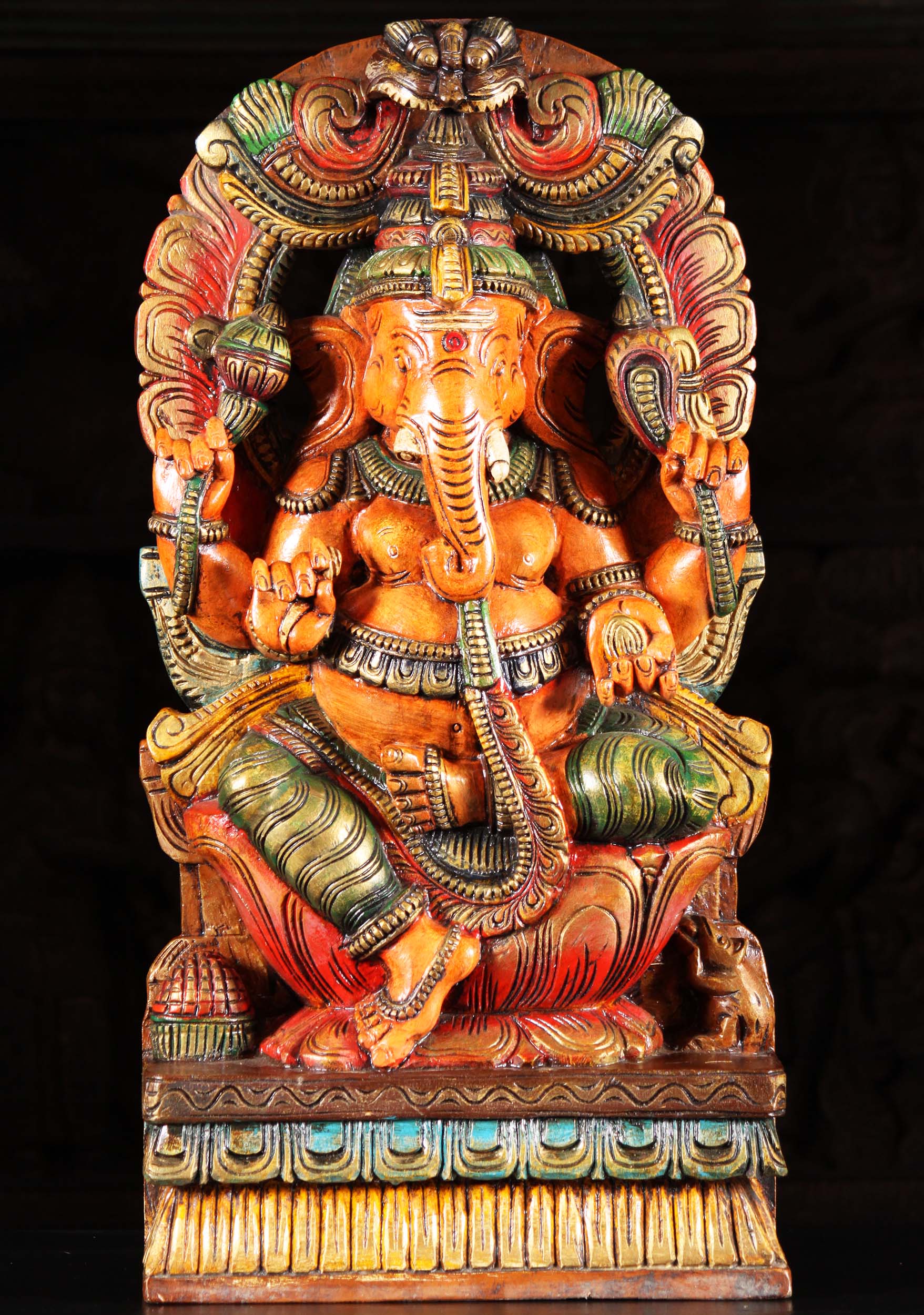 SOLD Wood Ganesh Statue with Mooshika & Arch 24