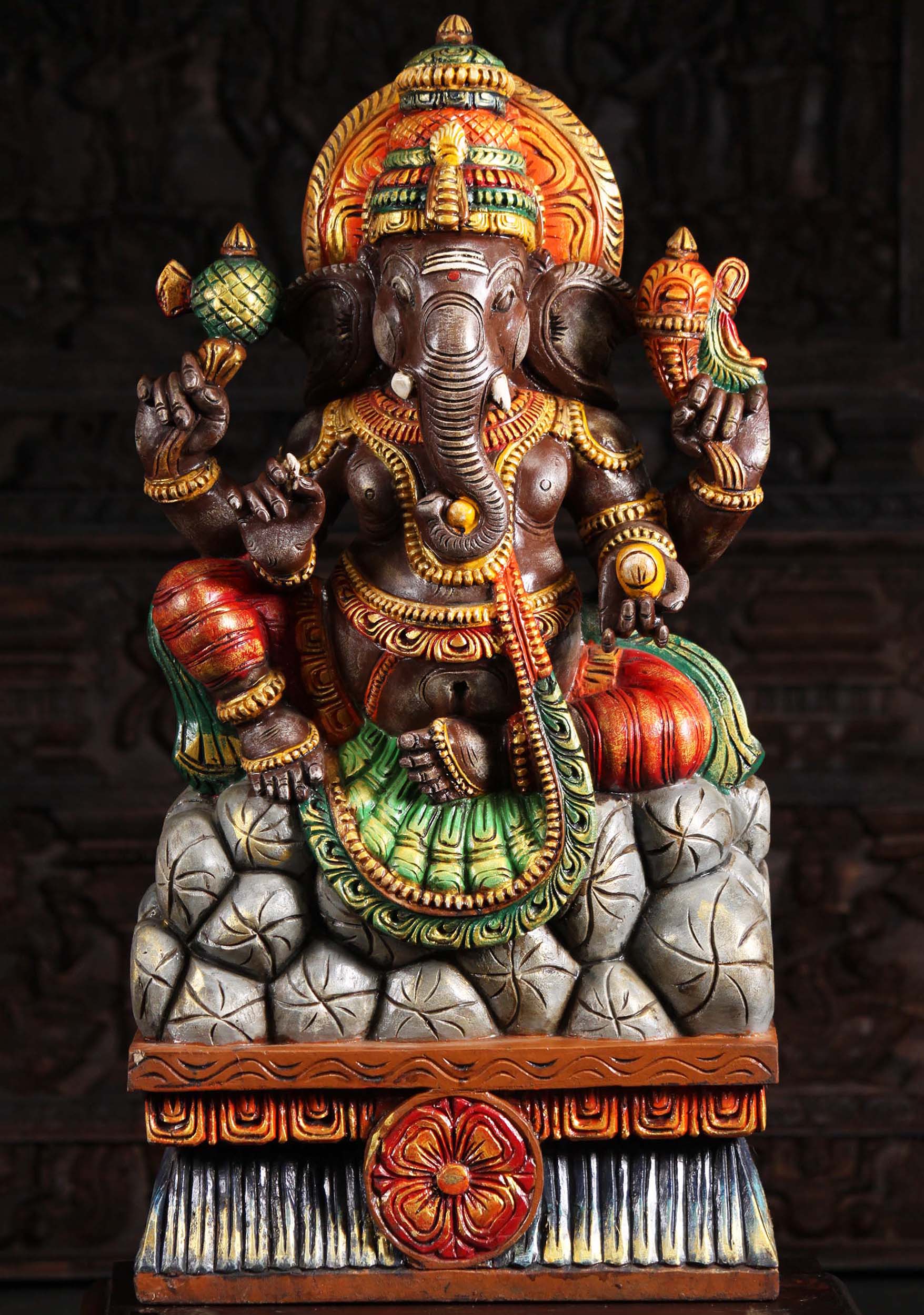 Painted Wood Ganesh Seated on Mountain 35"