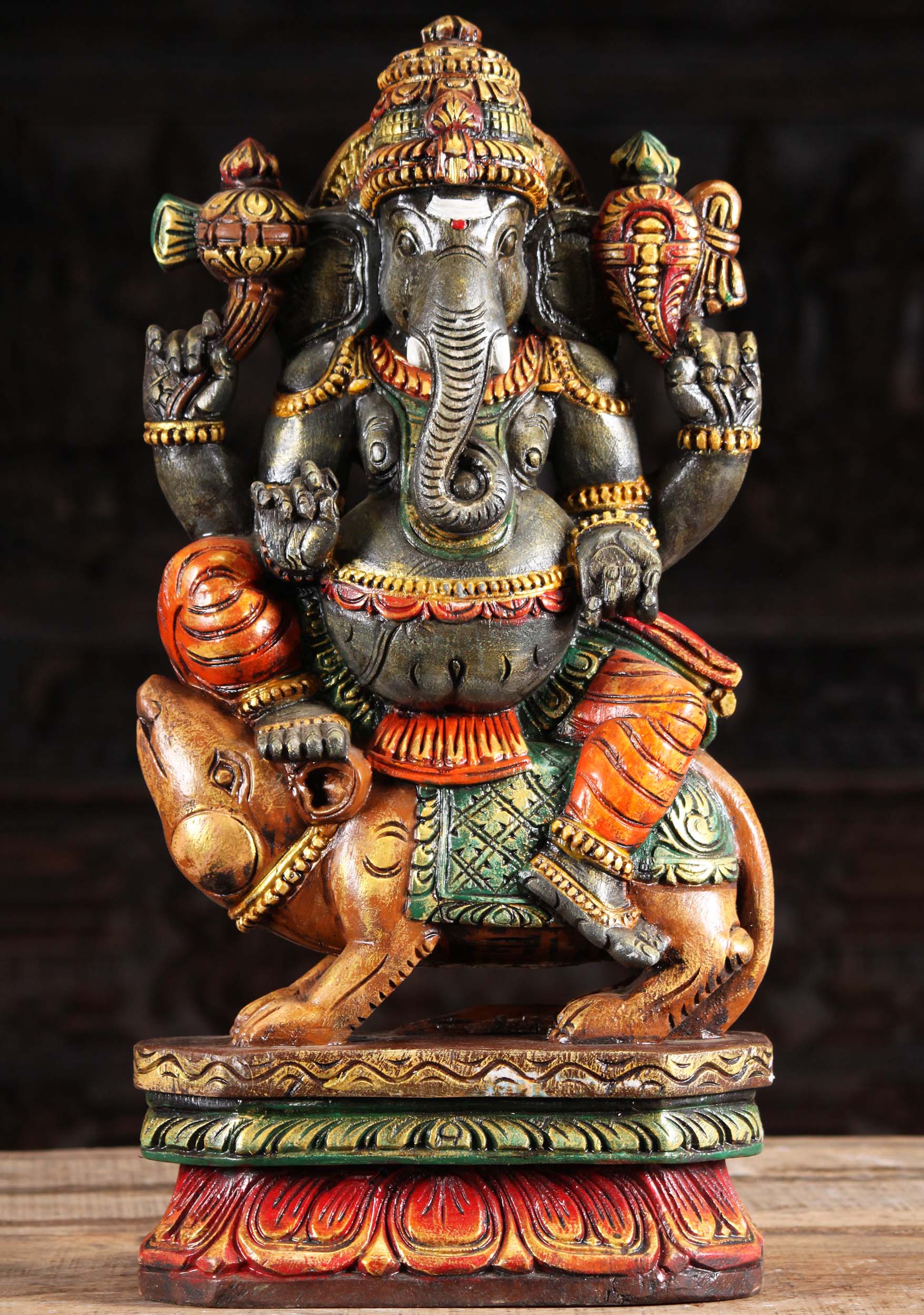 Painted Wood Ganesh Riding Rat Statue 24"