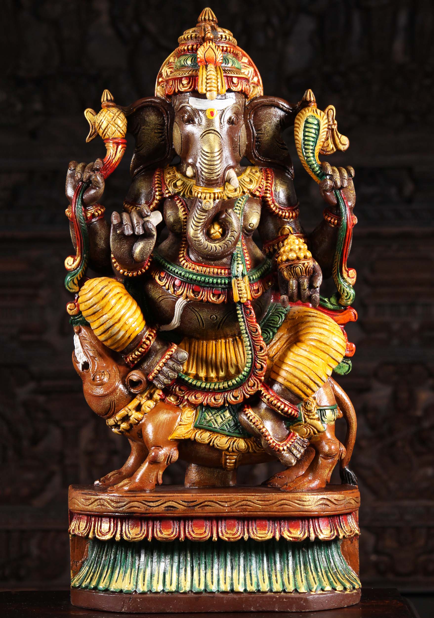 Wooden Ganesh Seated on Vehicle Mooshika 30"