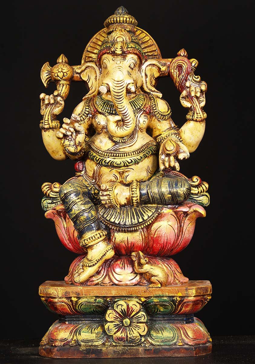 Painted Wood Ganesh Statue 24"