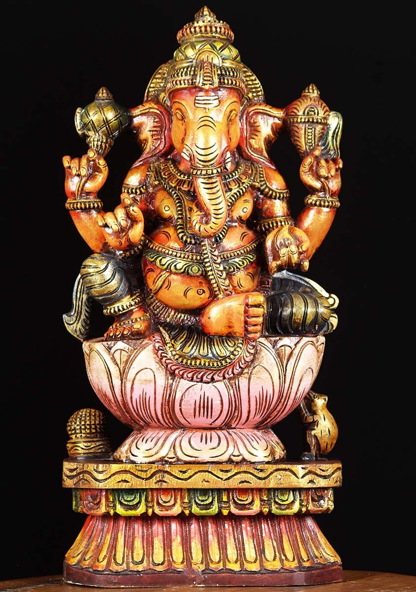 Painted Wood Relaxing Ganesh Statue 24"