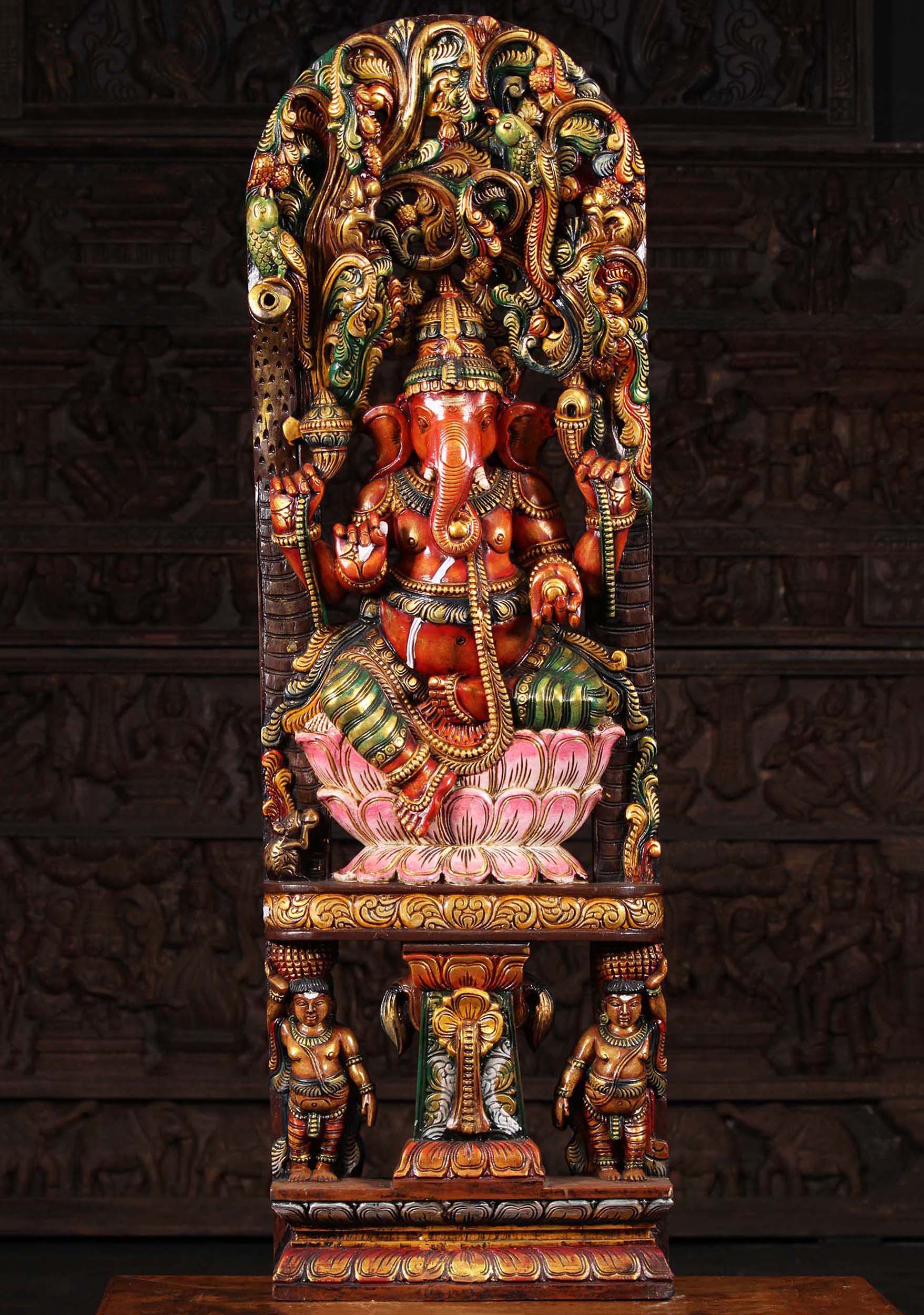 Wood Ganesh Under Canopy with 2 Gana 48"