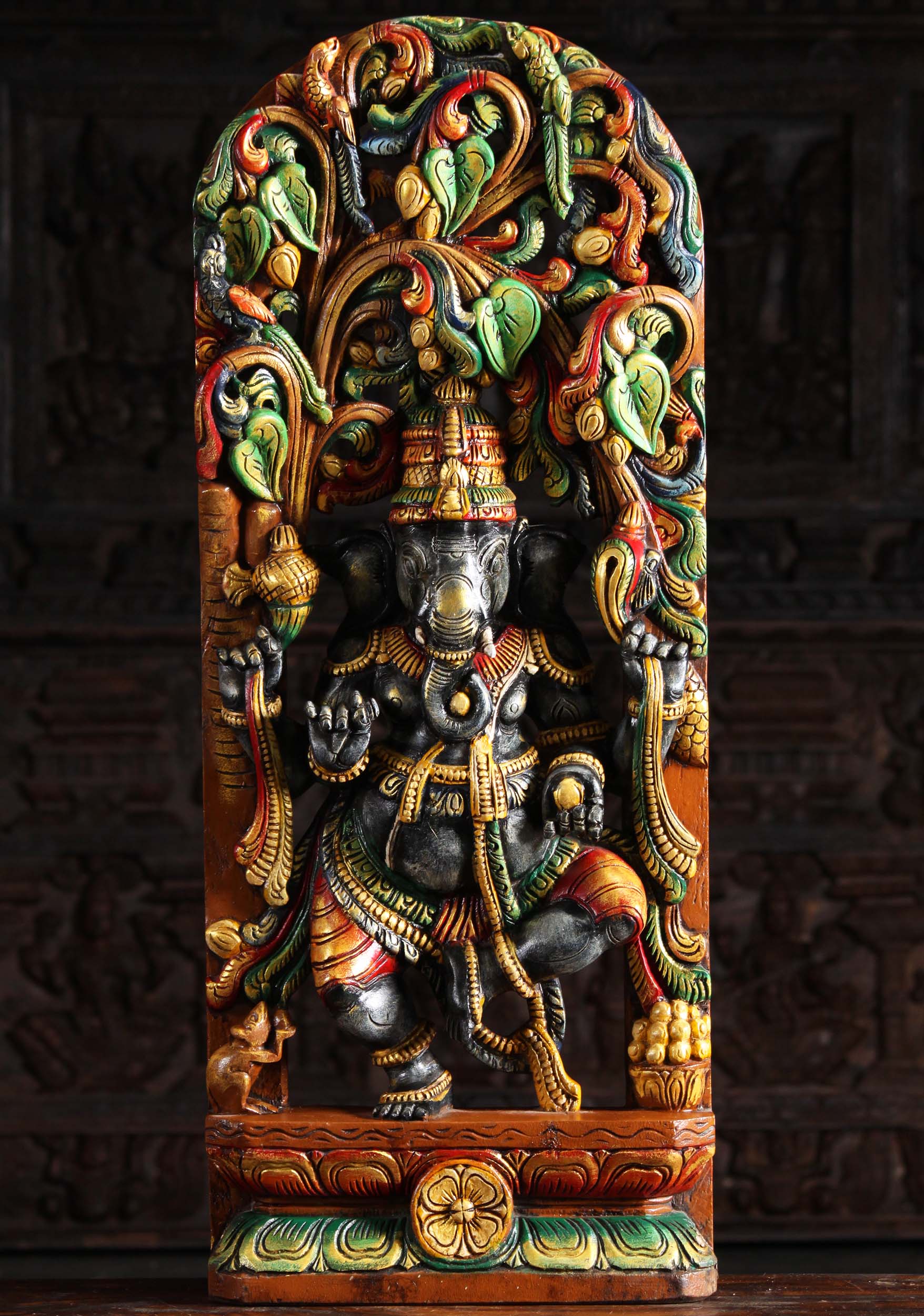 Painted Wood Dancing Ganesh Under Canopy 36"