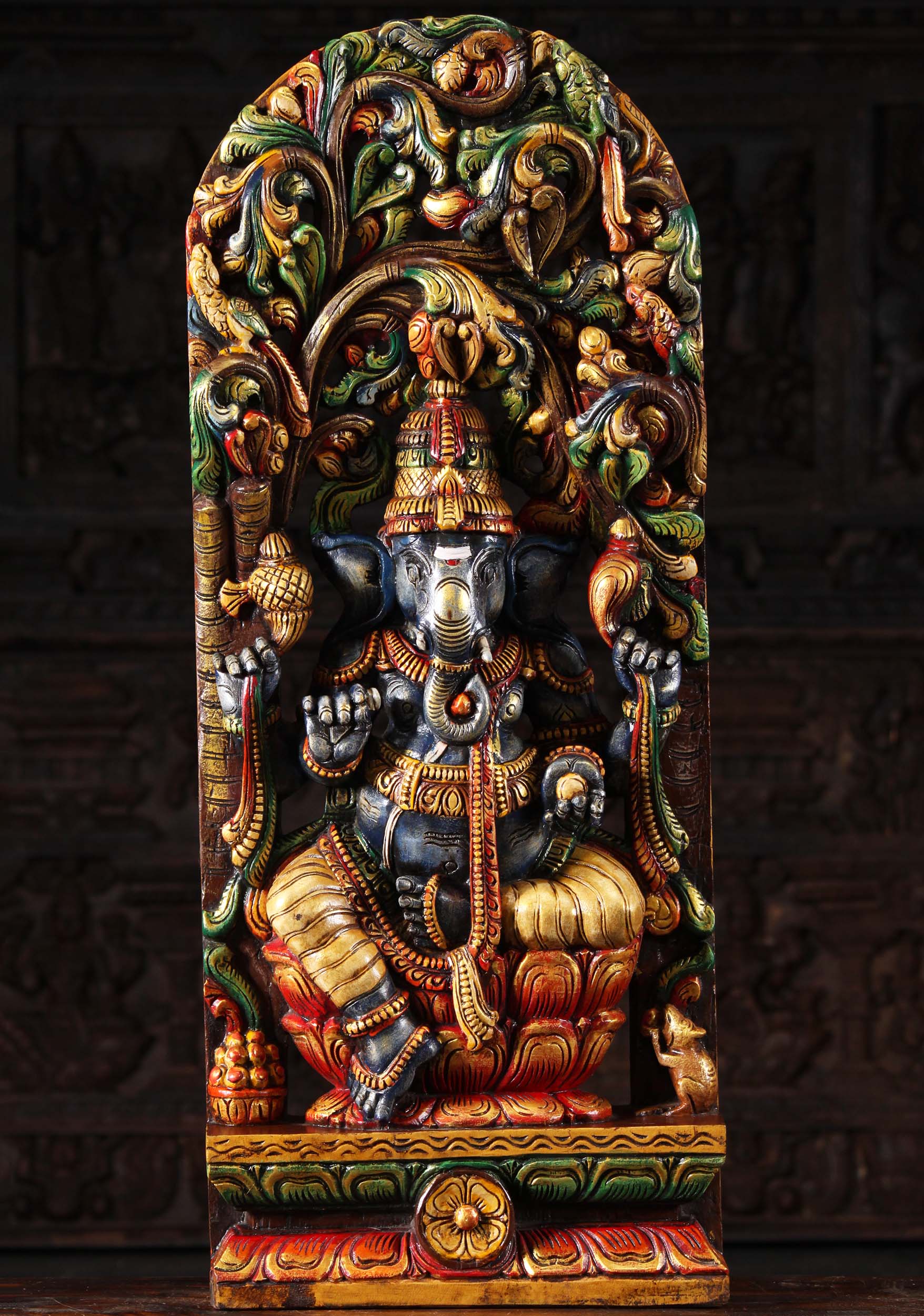 Painted Wood Ganesh Under Canopy 36"