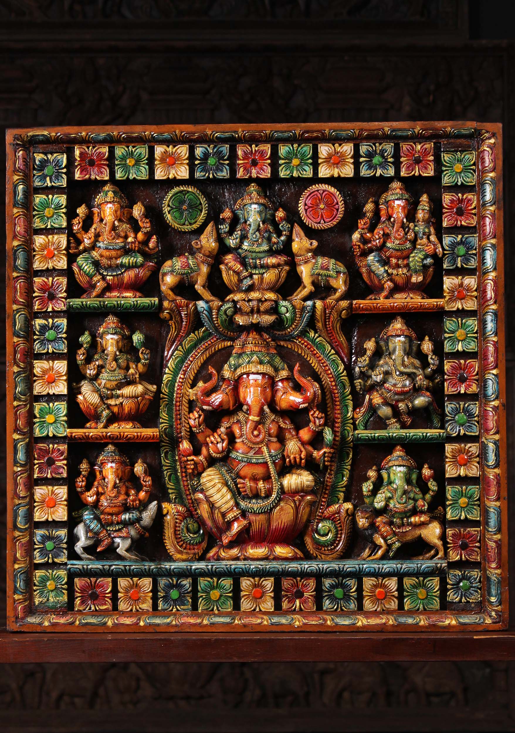 Wooden Hindu Wall Panel with 8 Ganesha's  30"