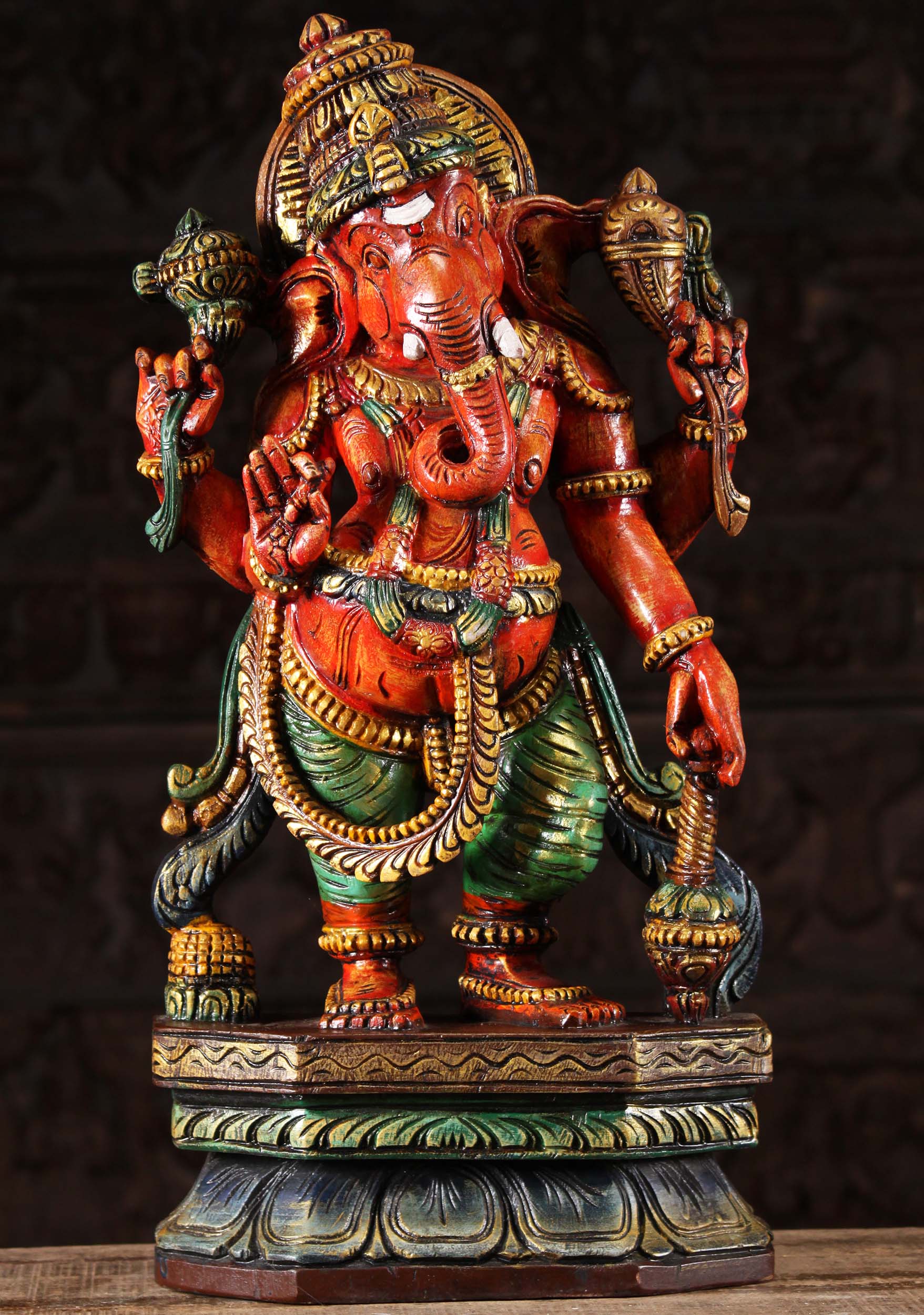 Wood Standing Ganesha Statue Holding Club 24"