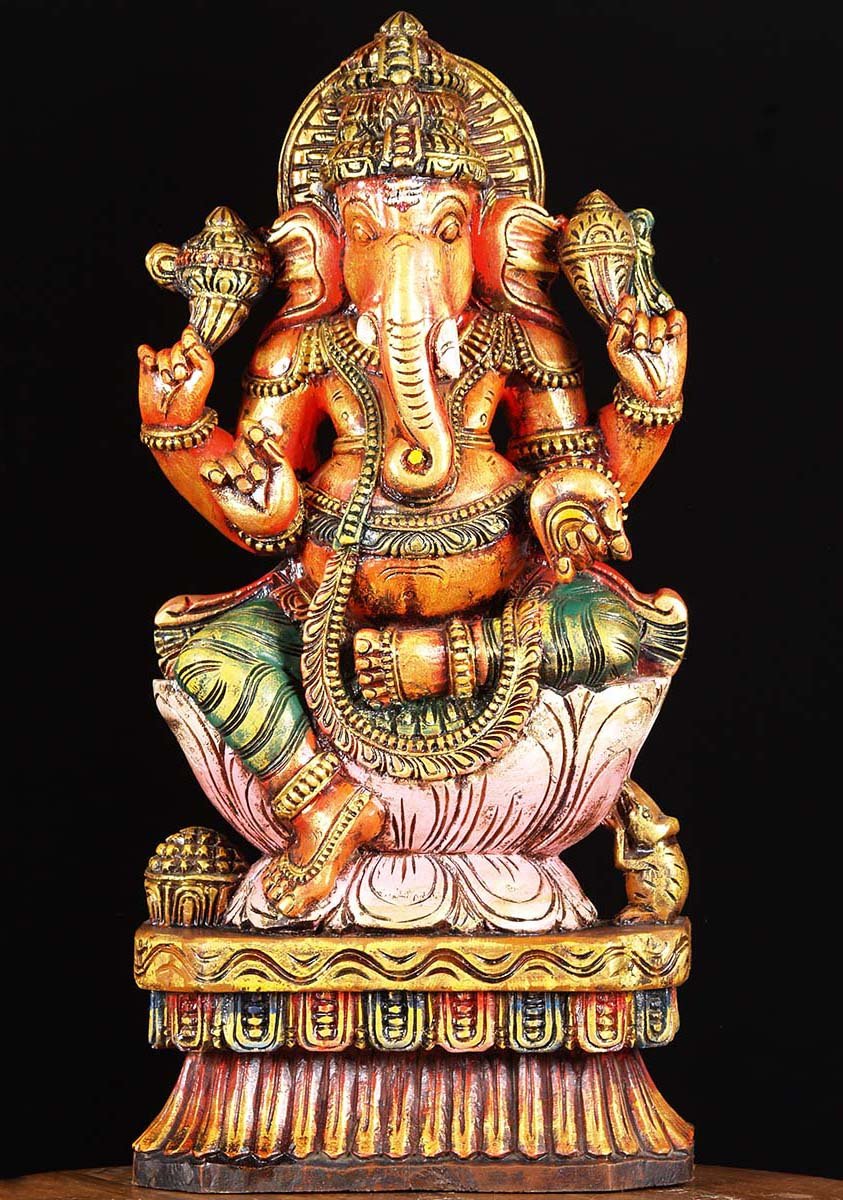 Painted Wood Ganesh Statue 24"