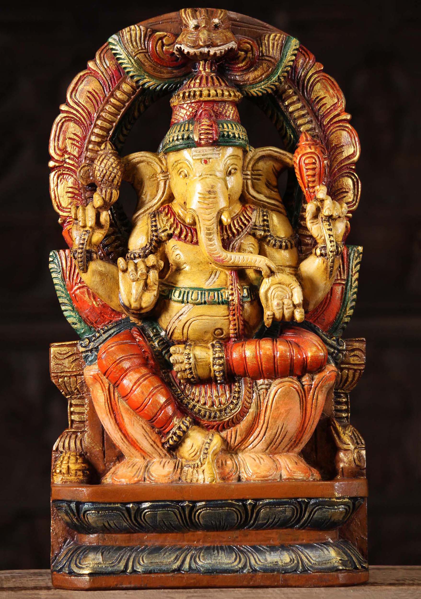 Wood Ganesh Carving with Mahakala Arch 18"