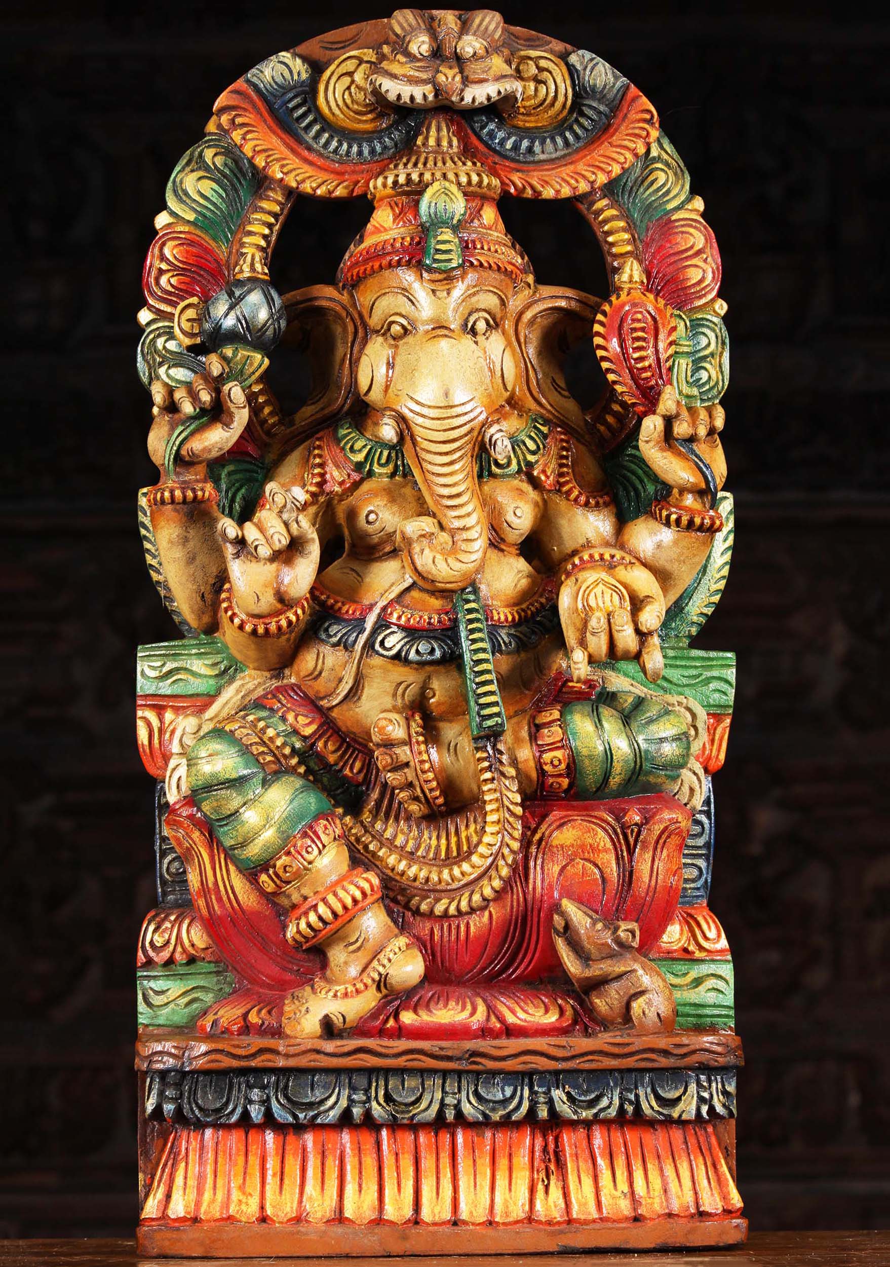 Painted Wood Ganesha with Rat & Arch 24"