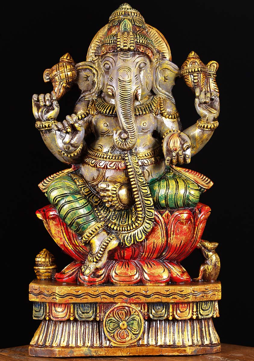 Painted Wood Ganesha Sculpture 24"