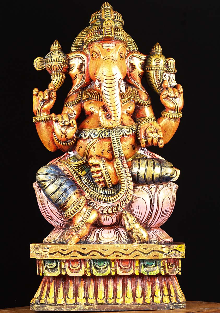 Painted Wood Ganesha Statue 24"