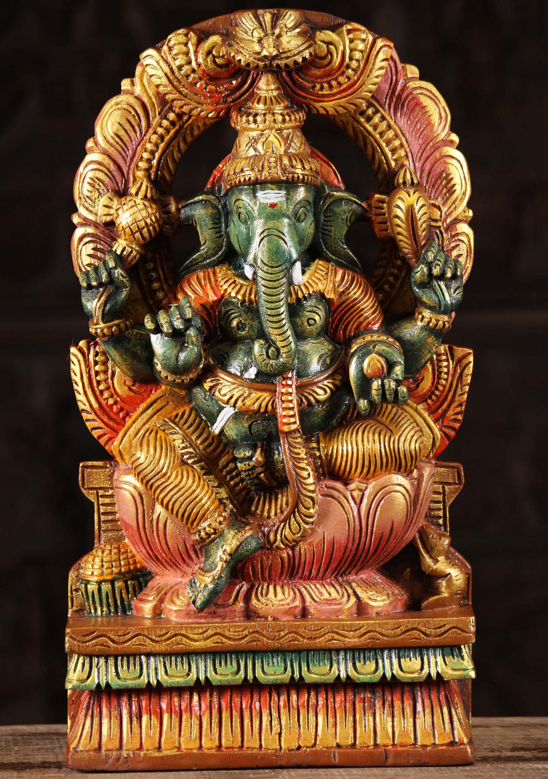 SOLD Wooden Ganesha with Arch & Rat Statue 18