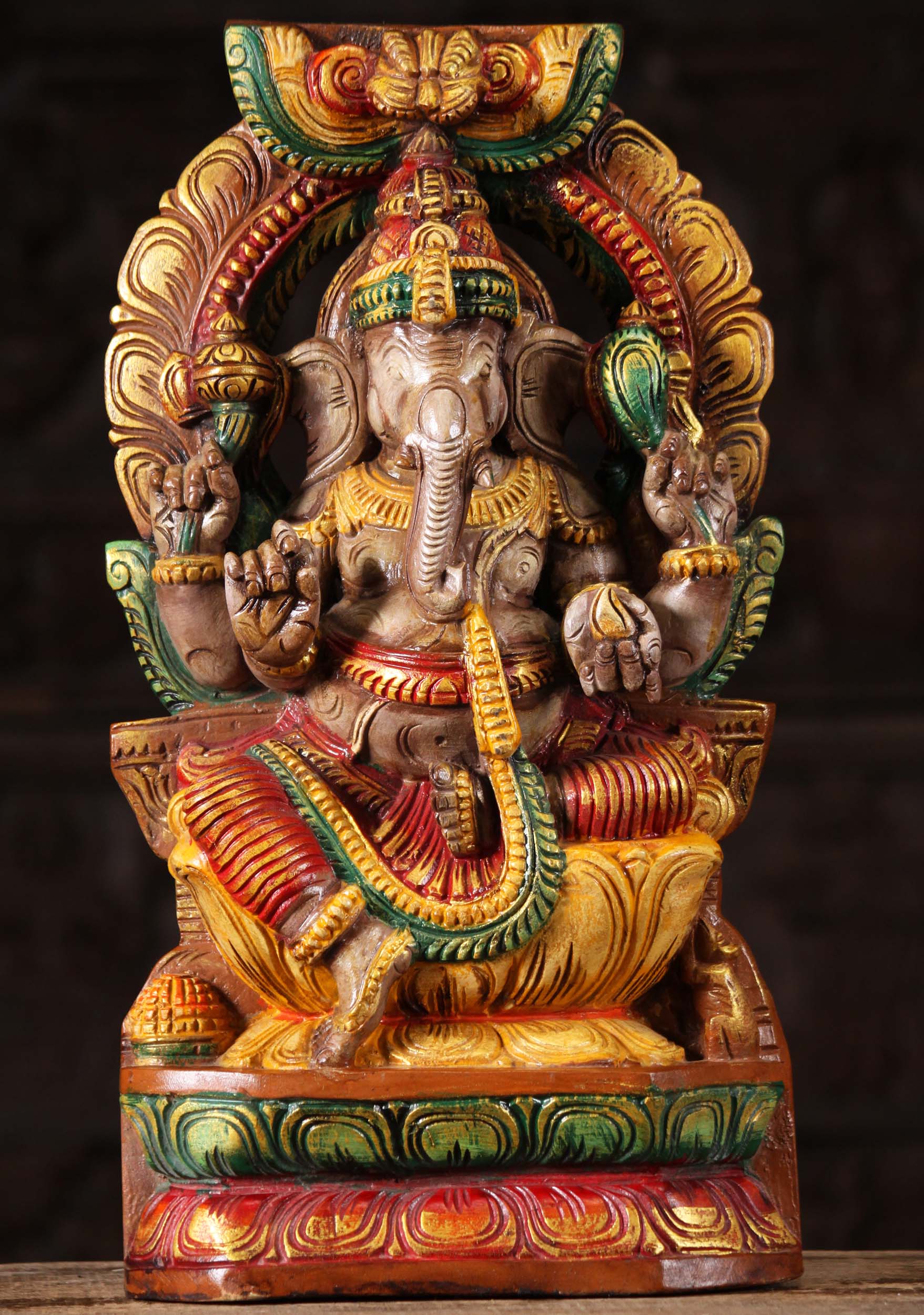 Wood Ganesh Holding Mango with Arch Statue 18"