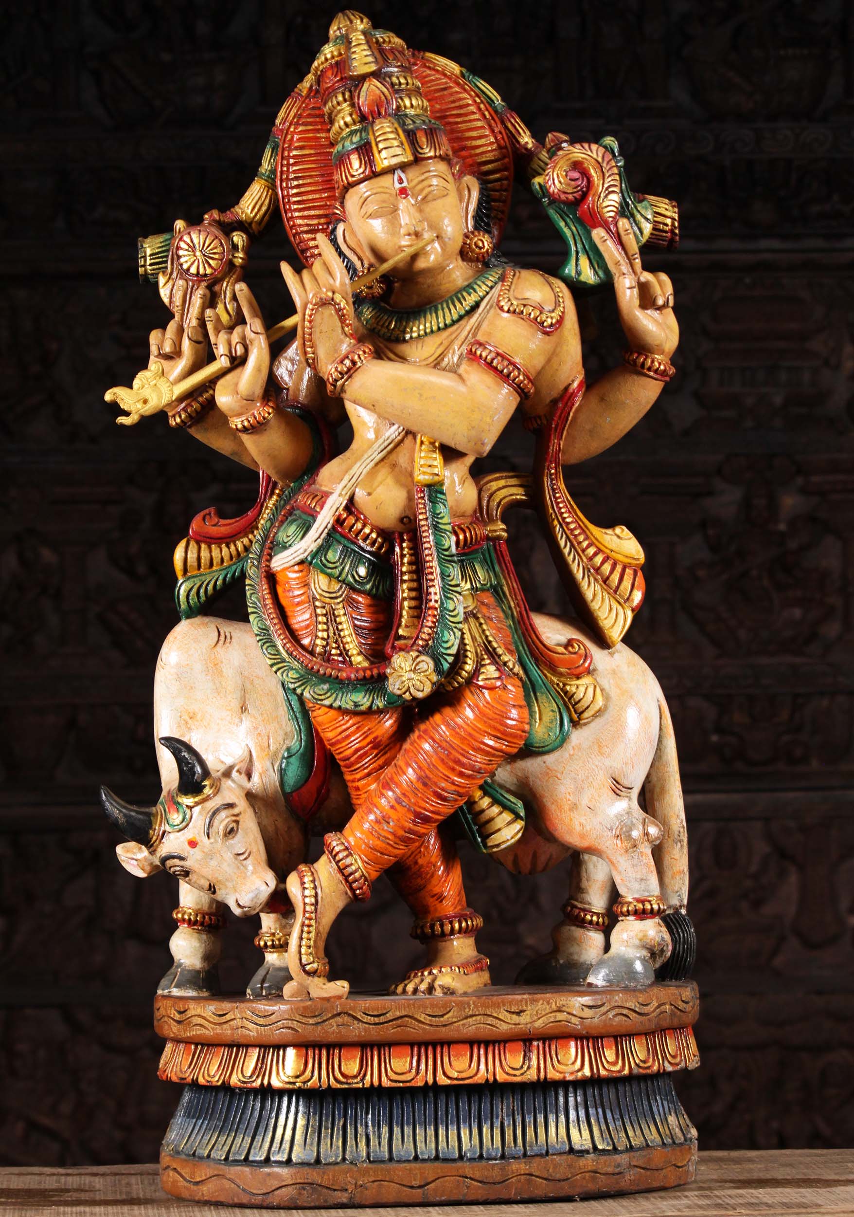 Wood Krishna Playing the Flute with Cow 36"