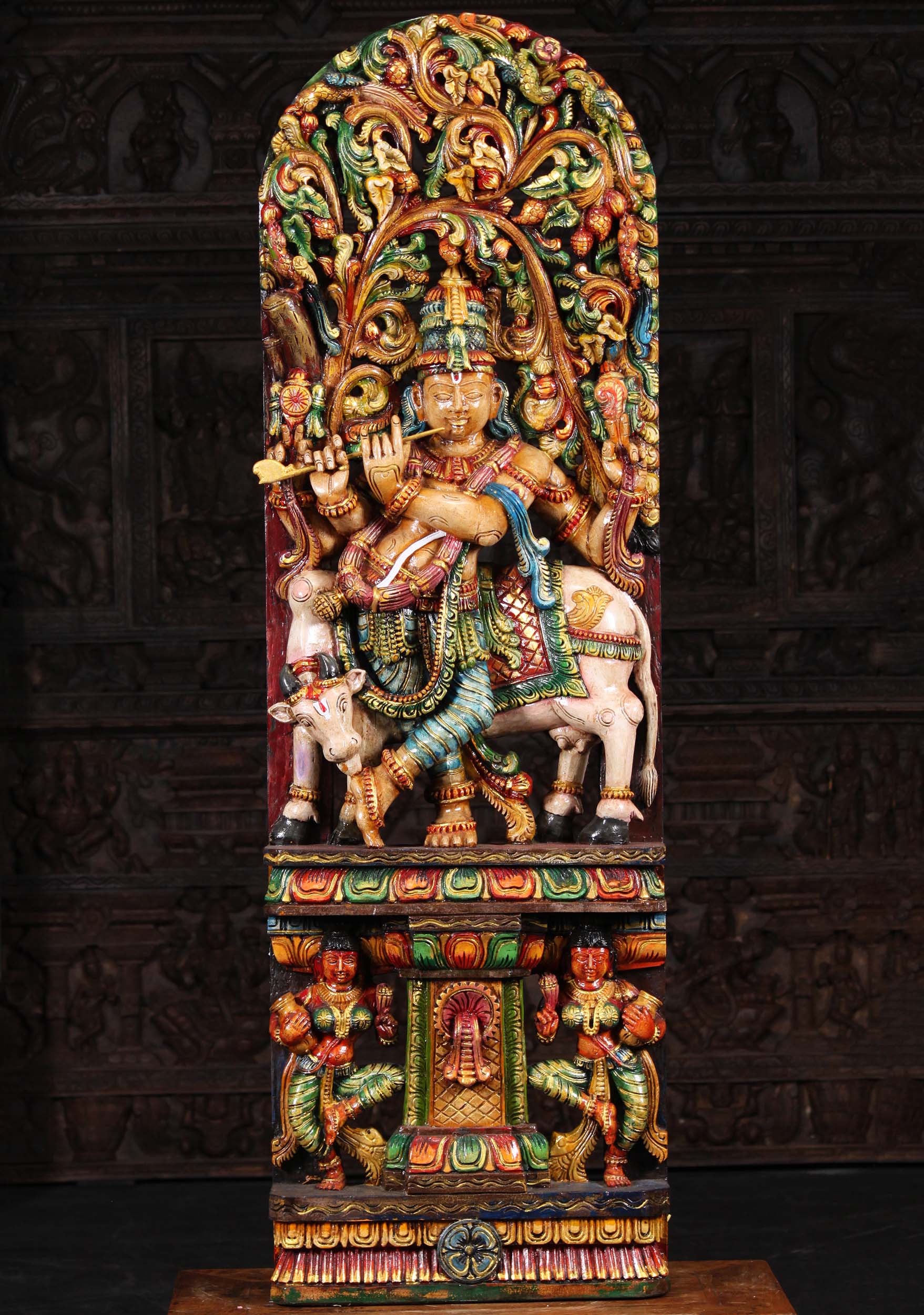 Wood Krishna with Cow & 2 Dancing Gopis 60"