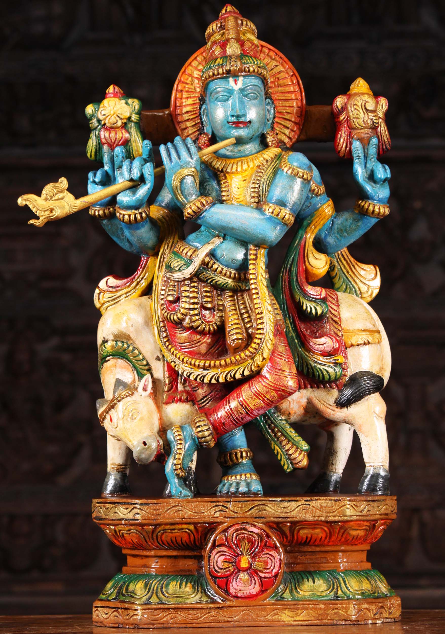 Painted Wood Blue Krishna Statue with Cow 24"