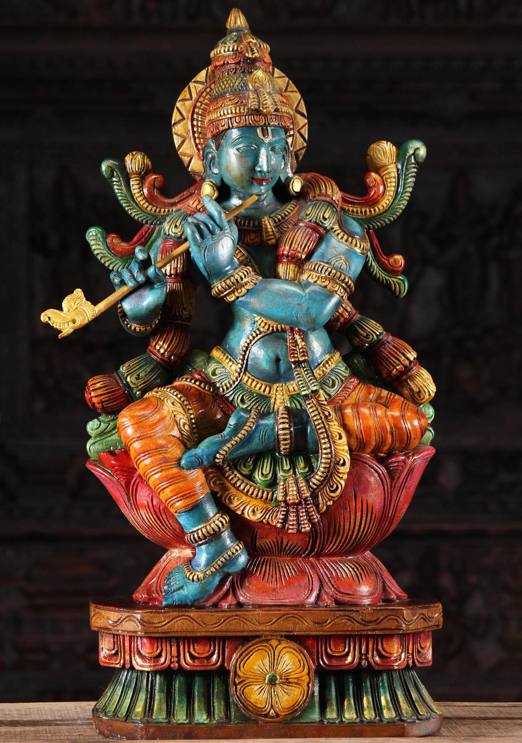 Wooden Blue Krishna Relaxing While Playing the Flute 30"