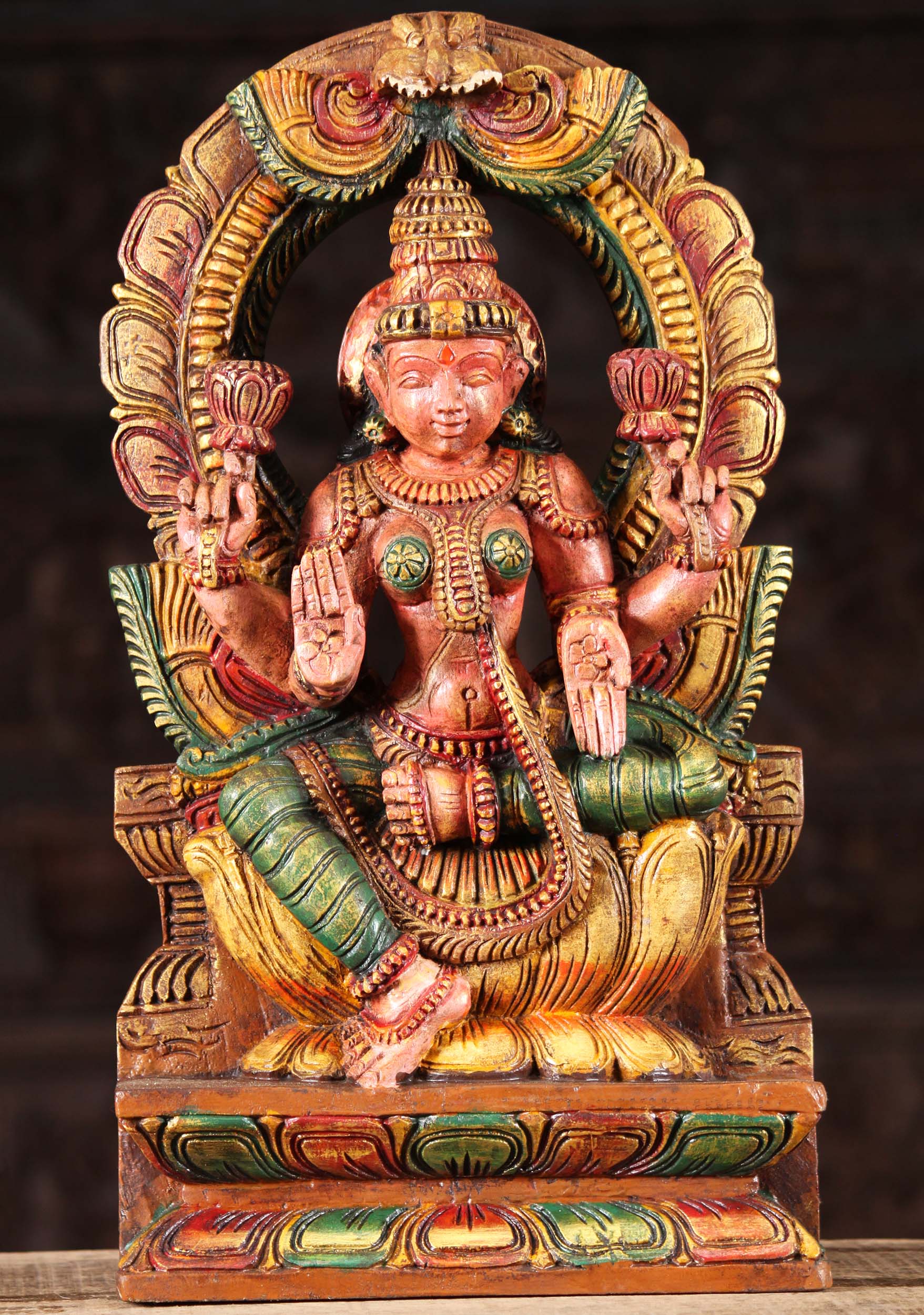 Wood Lotus Lakshmi Statue with Arch 18"