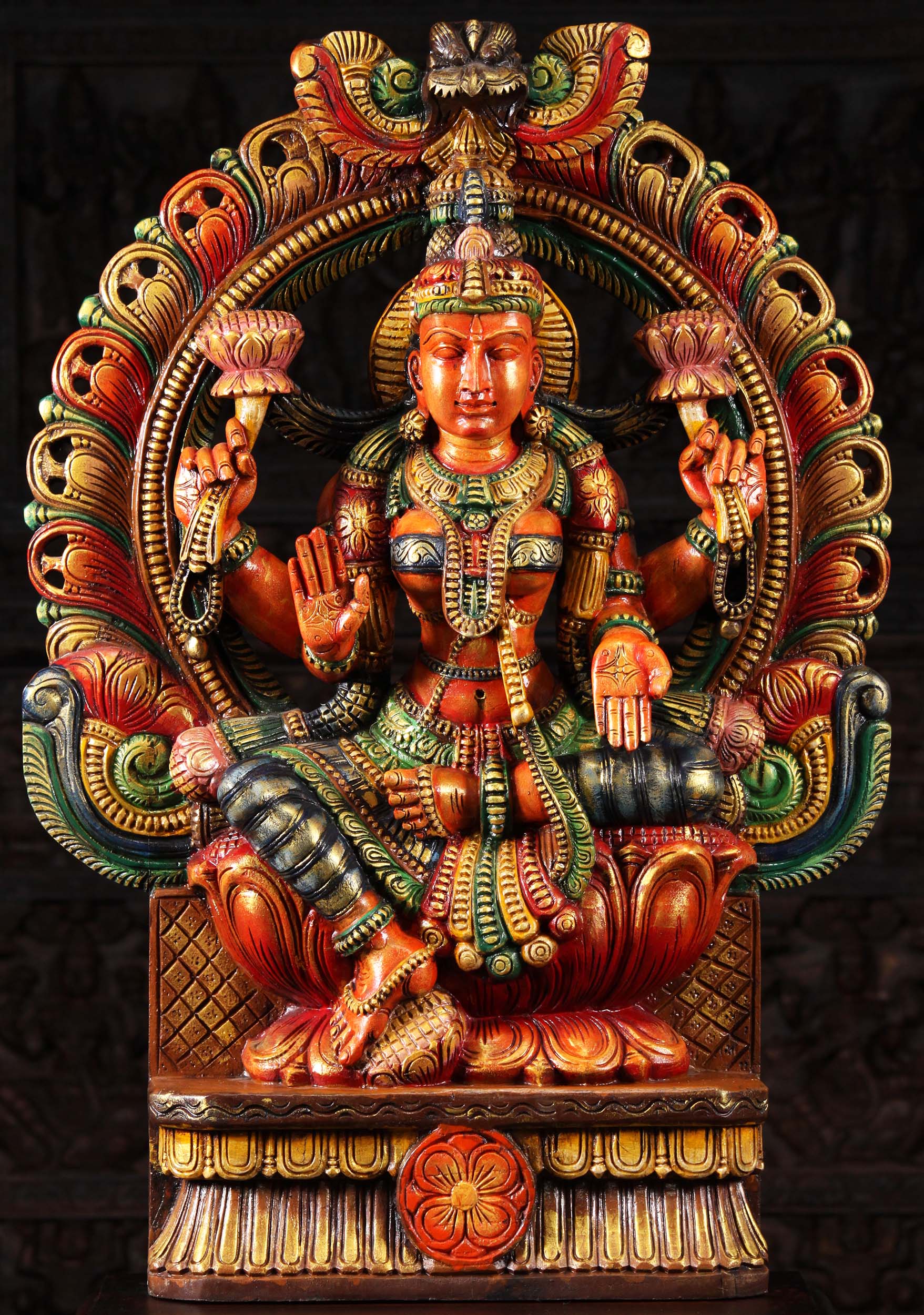 Wood Lakshmi with 2 Lotus Flowers & Arch 36"