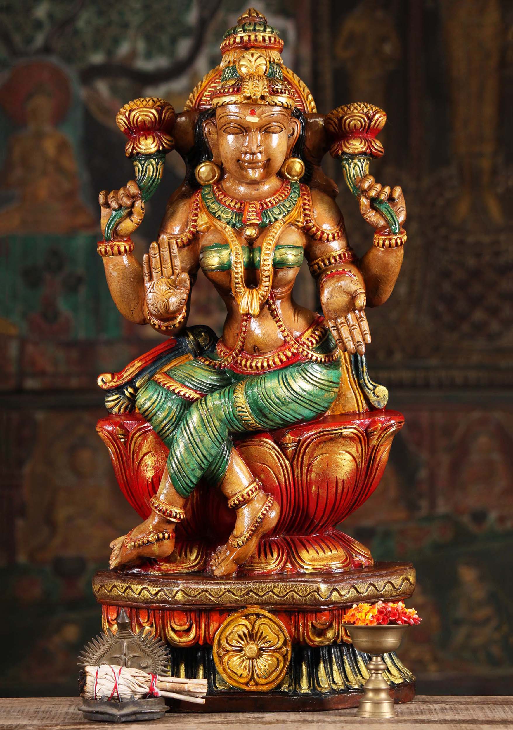 Wood Lakshmi Statue Seated with Legs Crossed 24"