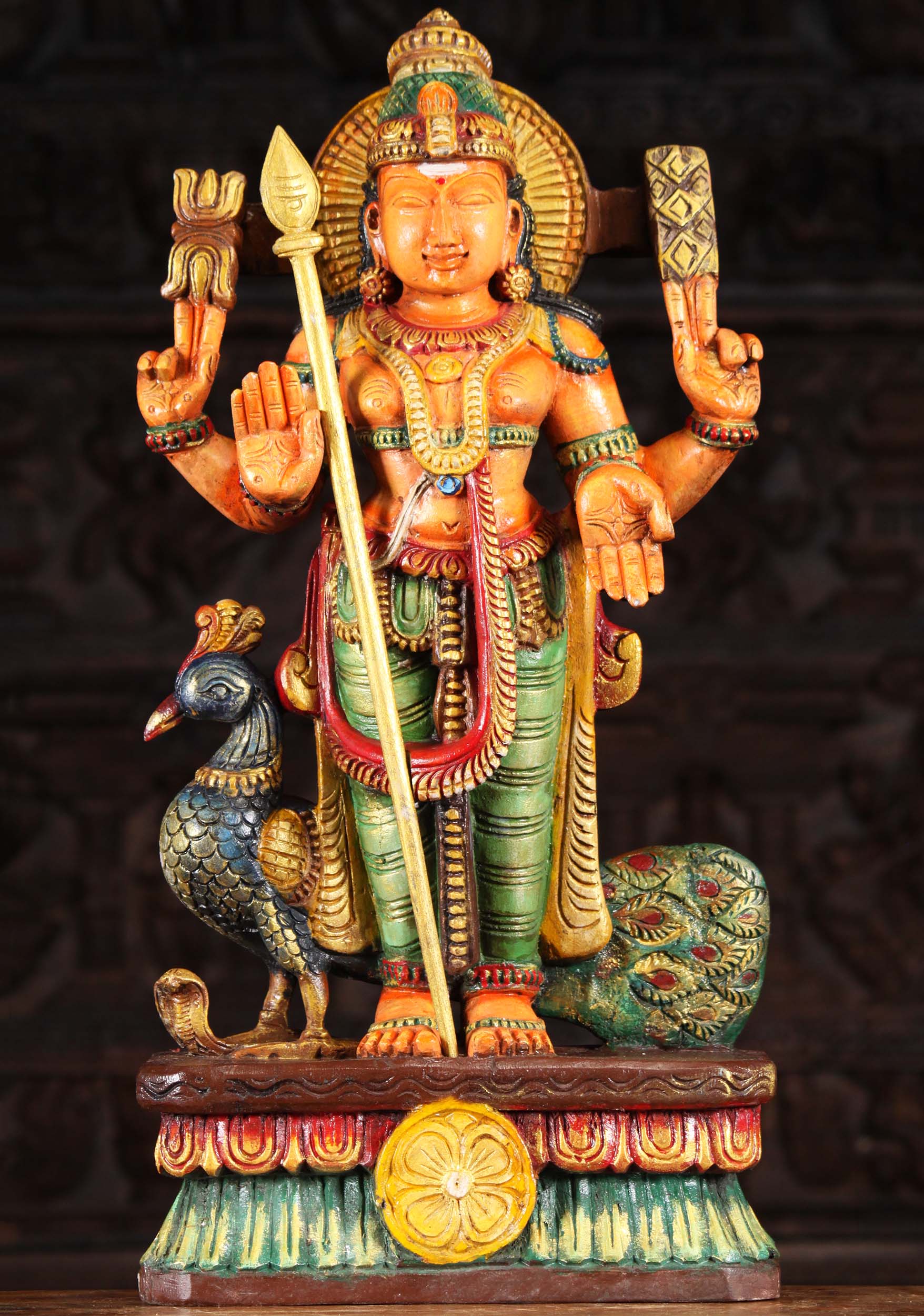 SOLD Painted Wood Murugan with Vel & Peacock 24" (#94w9cn): Hindu Gods