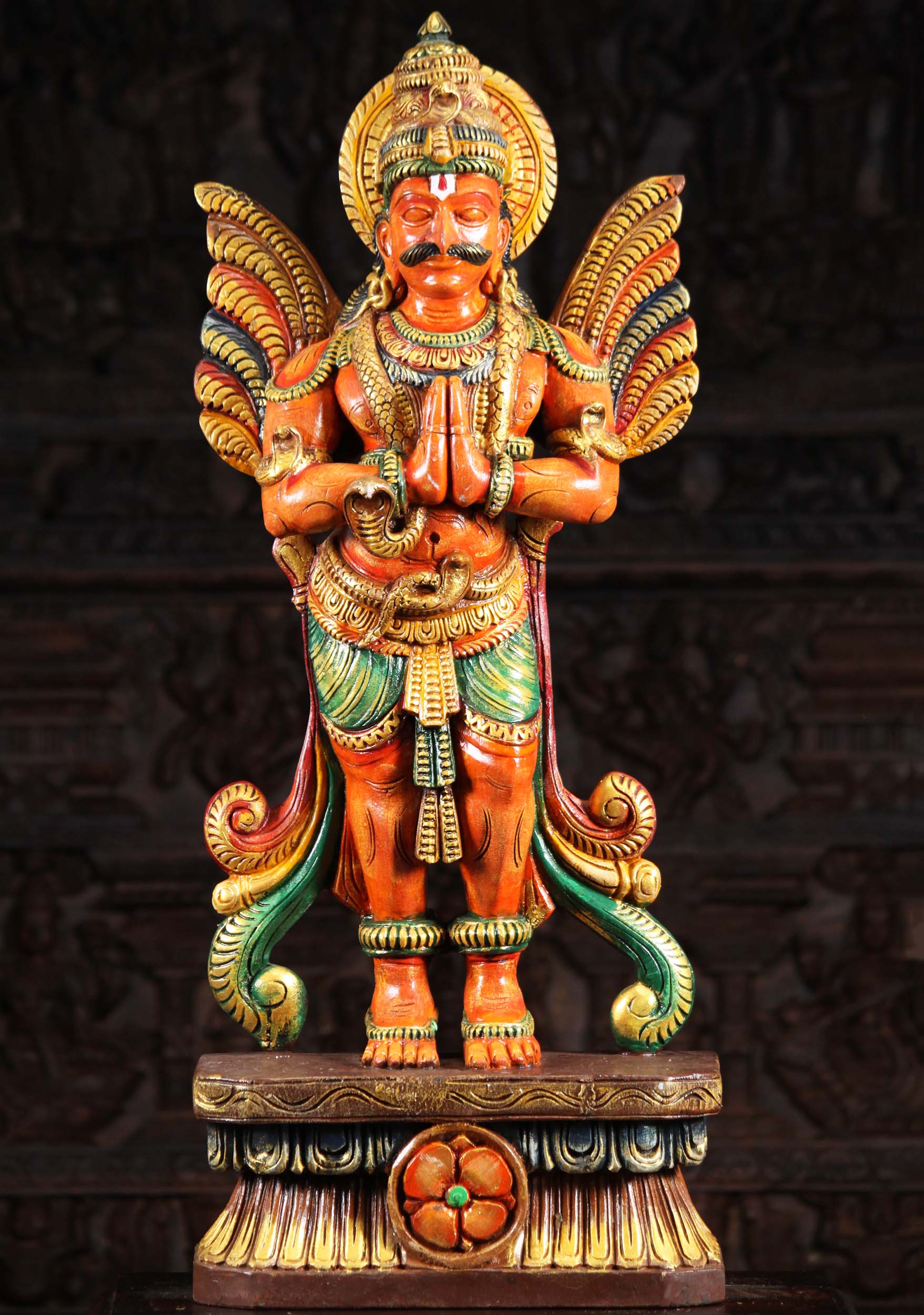 Wood Namaste Garuda Statue in Namste Greeting with Outstretched Wings & 7 Cobras 36"