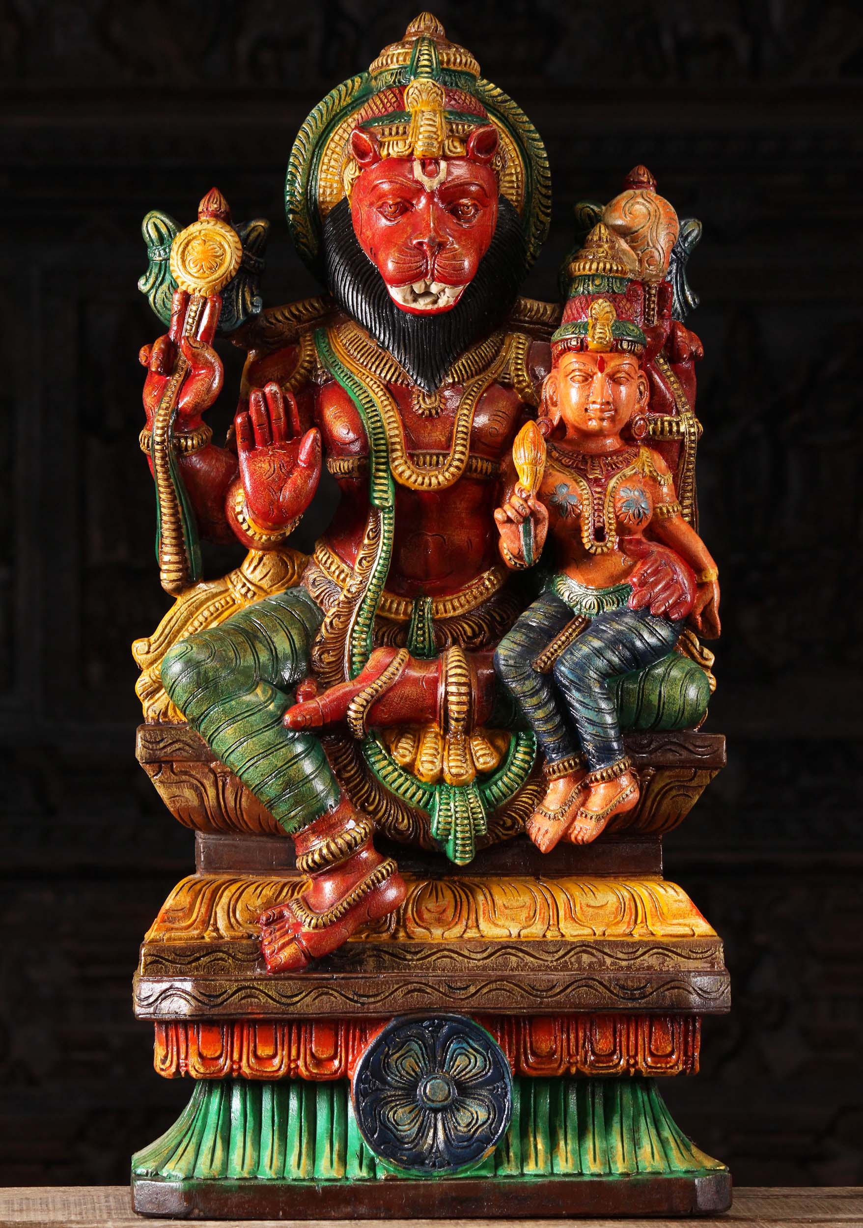 Painted Wood Narasimha Lakshmi Statue 30"