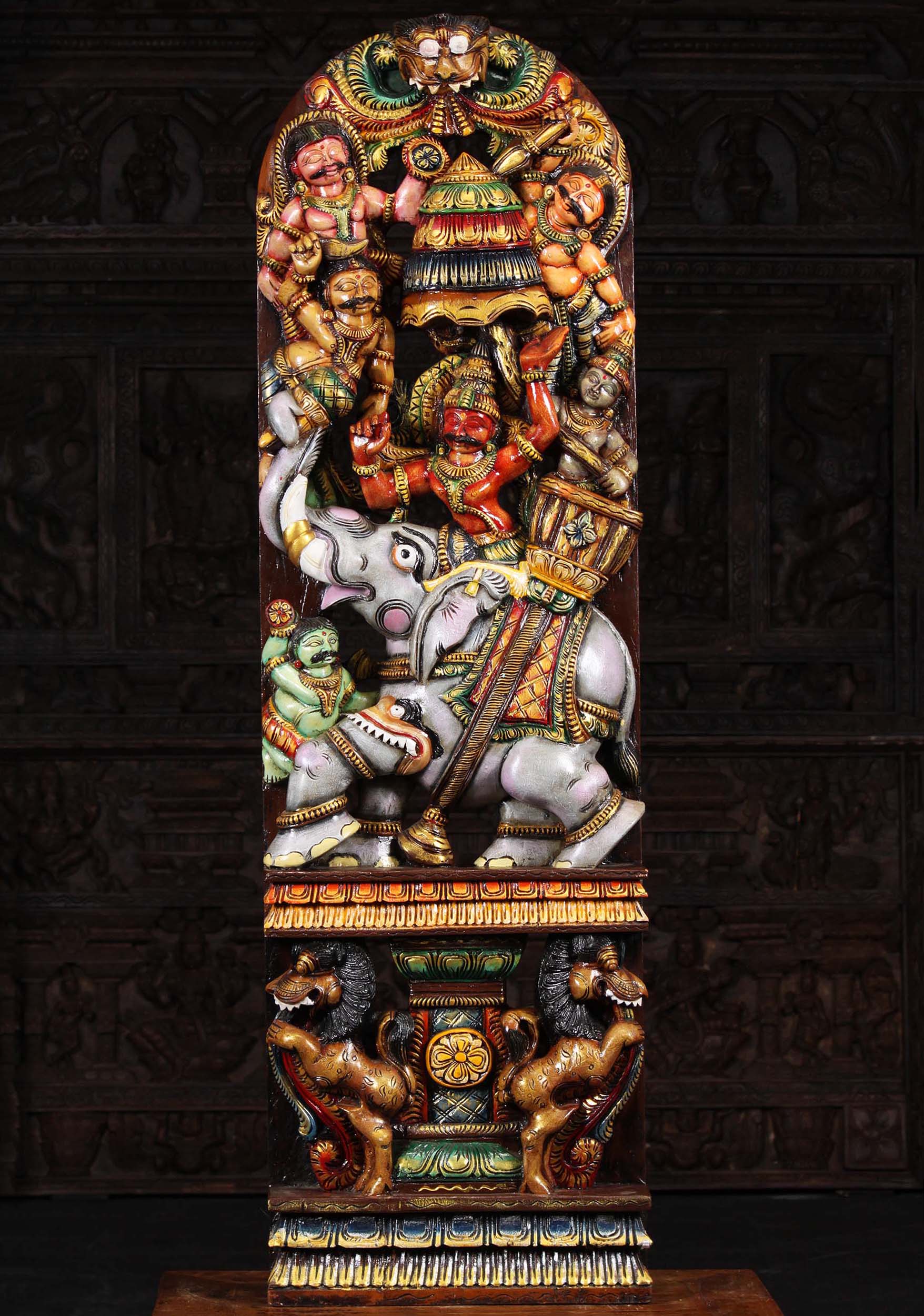 Wood Indra Statue, the Hindu God of the Heavans Riding atop the Elephant, Airavata 60"