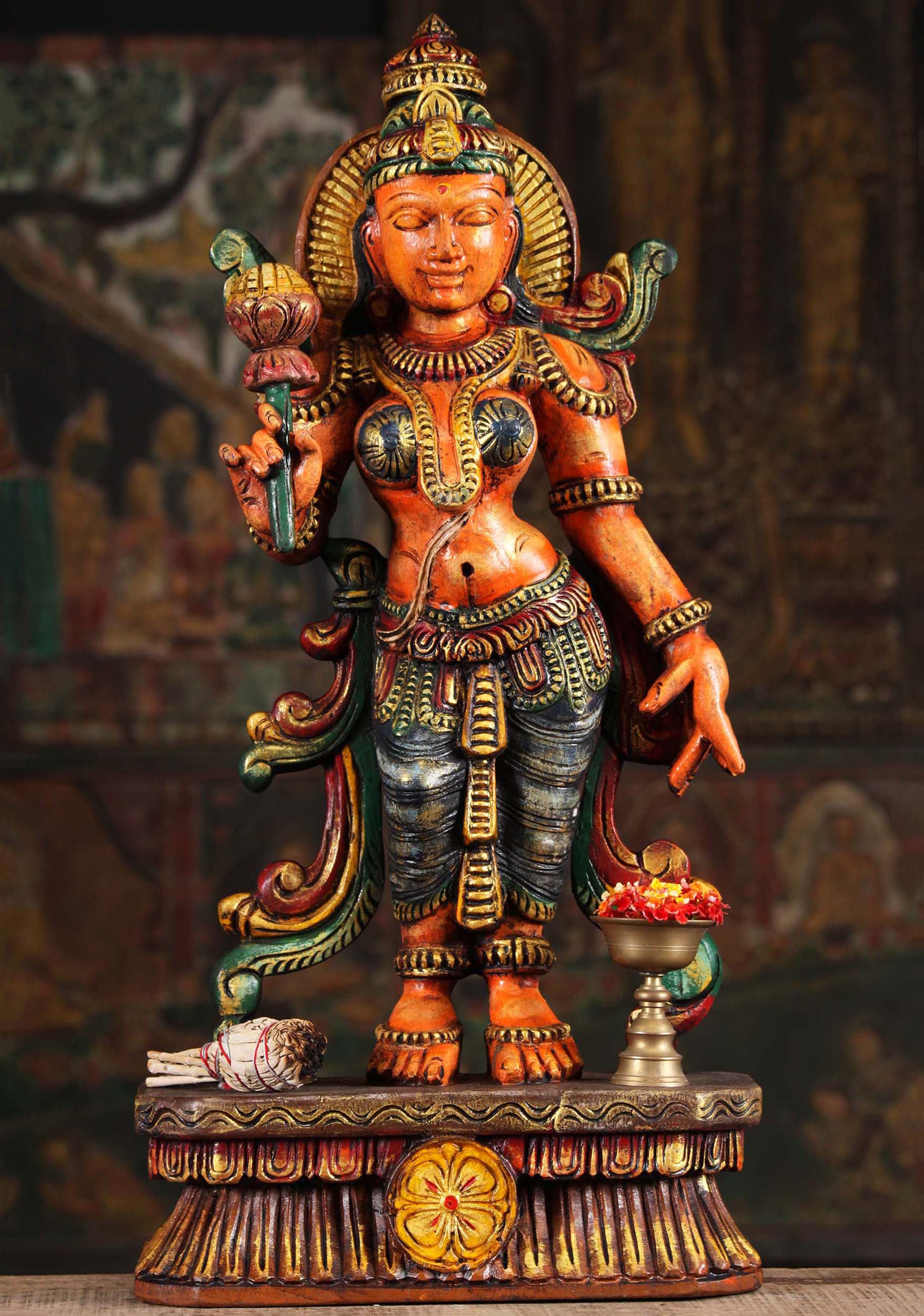 Wooden Parvati Statue Holding a Lotus 24"