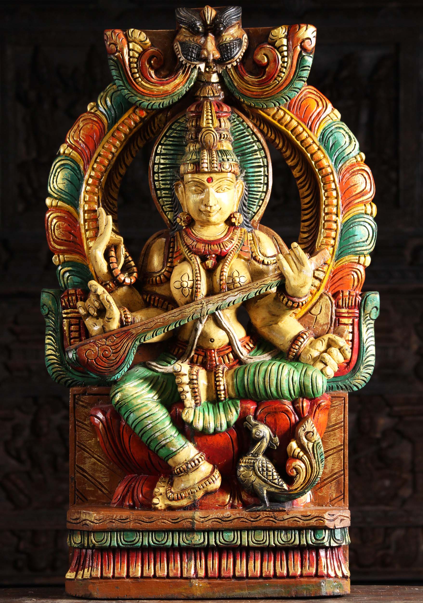 Discounted Wood Saraswati Statue with Mahakala Arch with Damaged Veena 36"